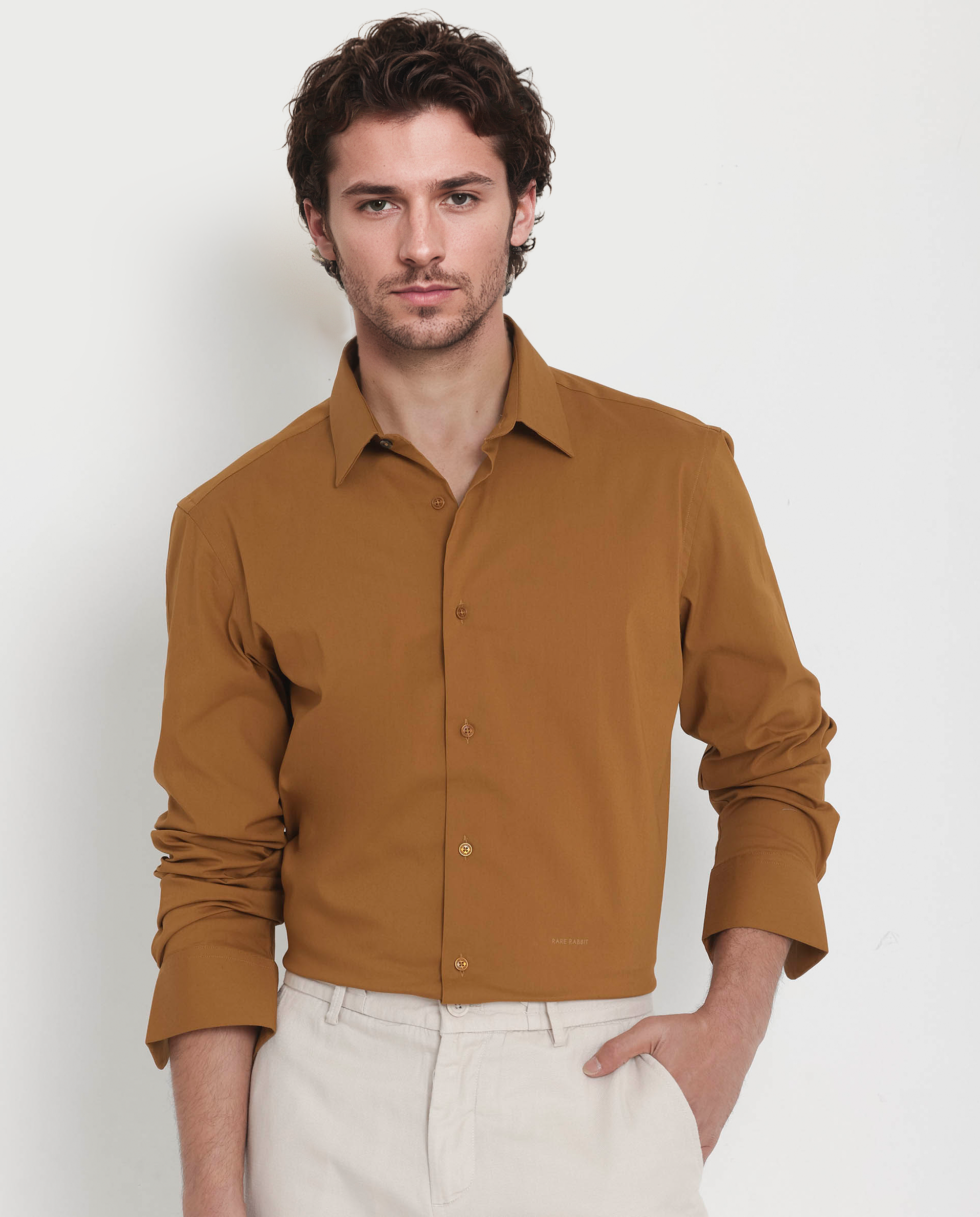 Rare Rabbit Men's Bendict Mustard Cotton Plain Regular Fit Full Sleeve Collared Shirt