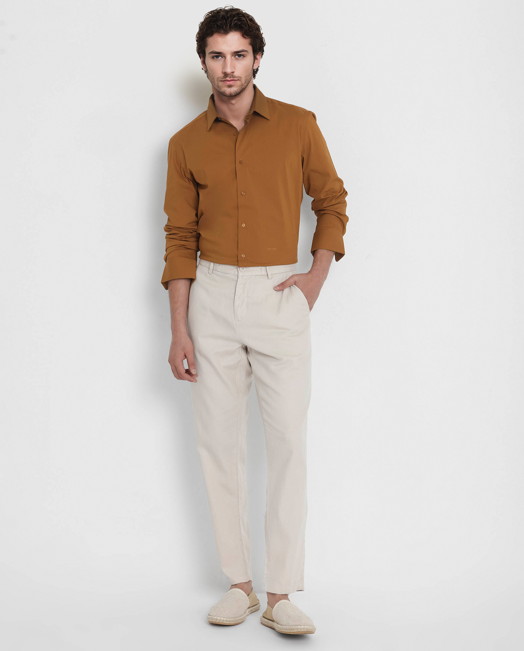 Rare Rabbit Men's Bendict Mustard Cotton Plain Regular Fit Full Sleeve Collared Shirt