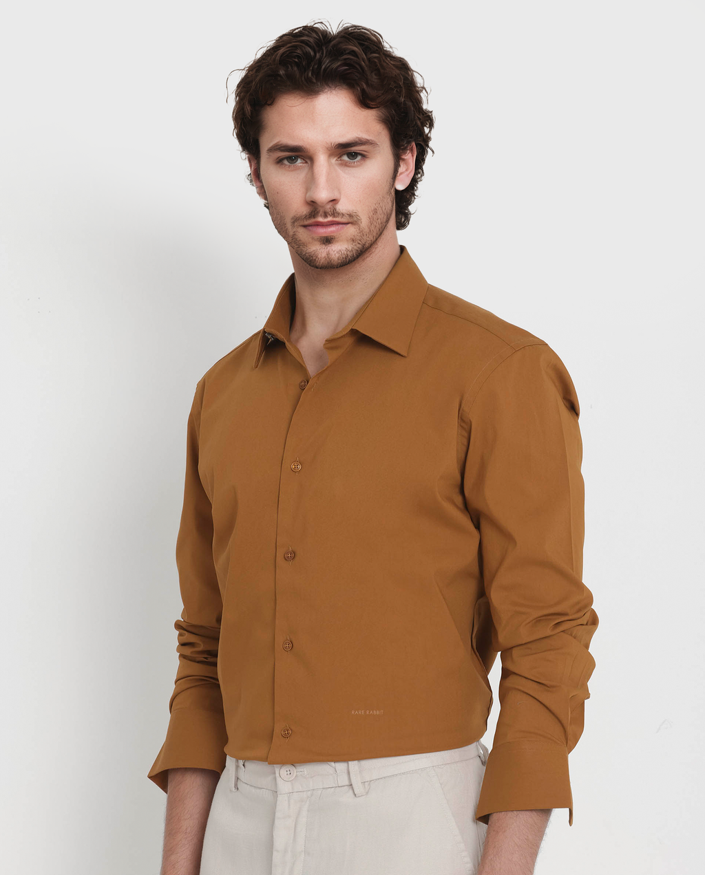 Rare Rabbit Men's Bendict Mustard Cotton Plain Regular Fit Full Sleeve Collared Shirt