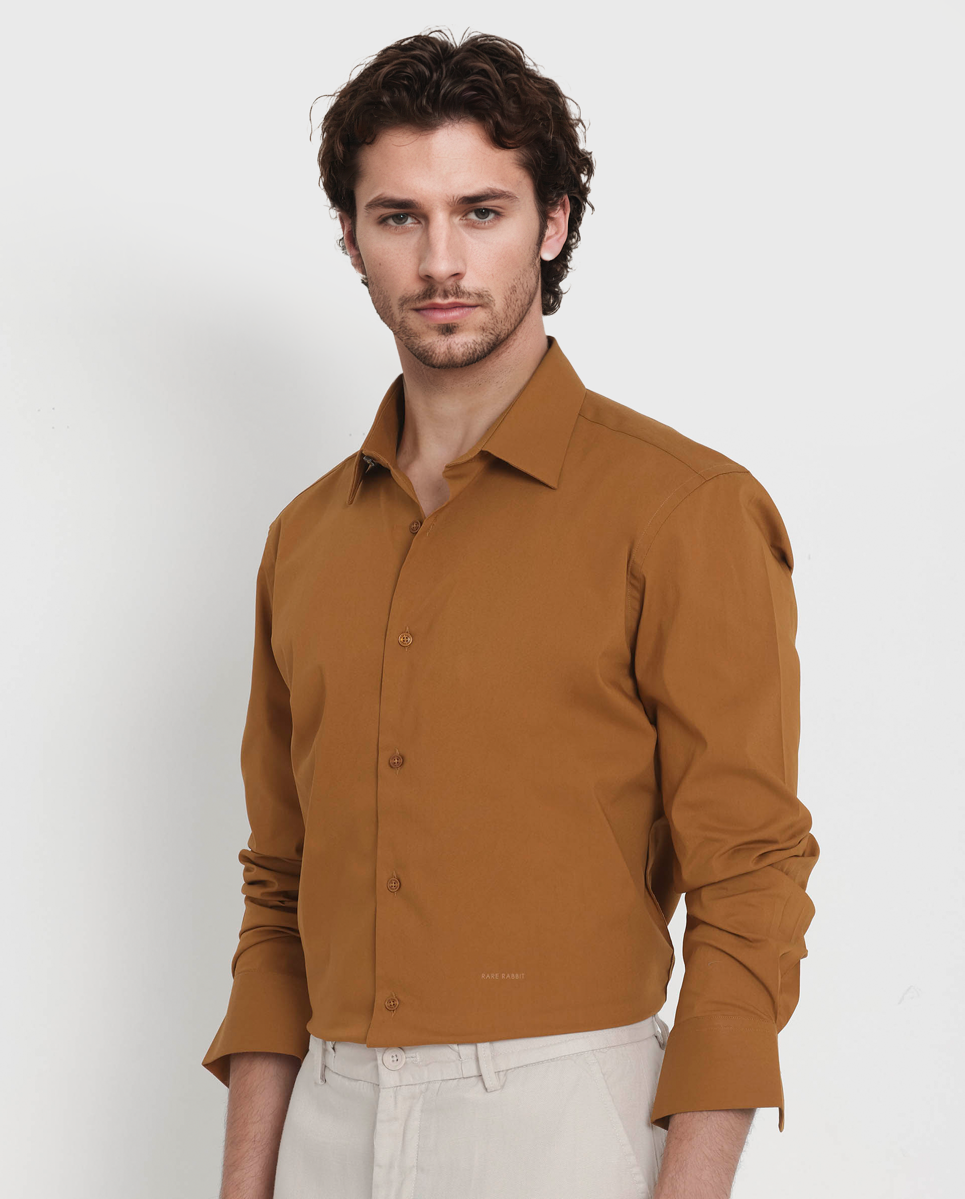 Rare Rabbit Men's Bendict Mustard Cotton Plain Regular Fit Full Sleeve Collared Shirt