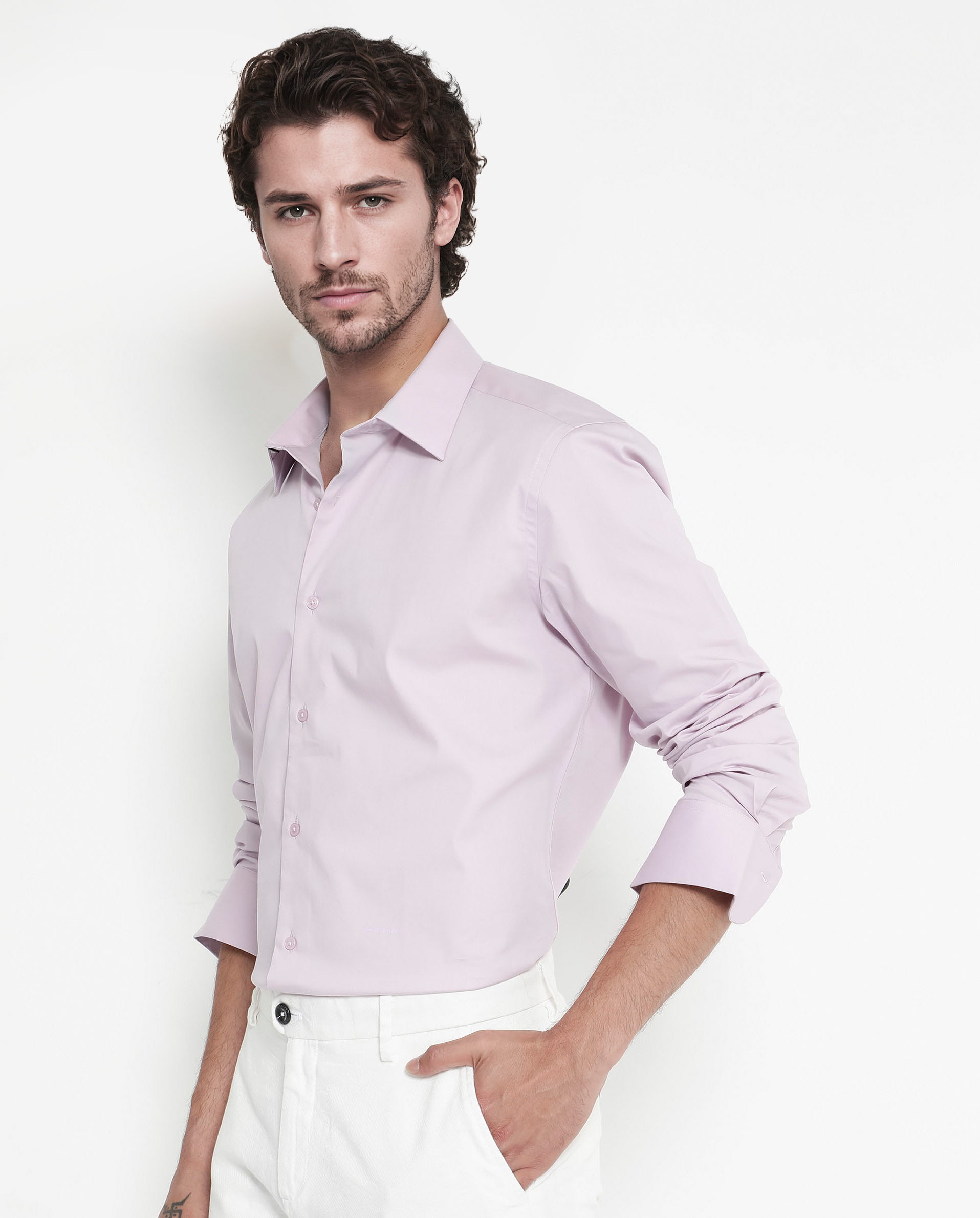 Rare Rabbit Men's Bendict Pastel Pink Cotton Plain Regular Fit Full Sleeve Collared Shirt