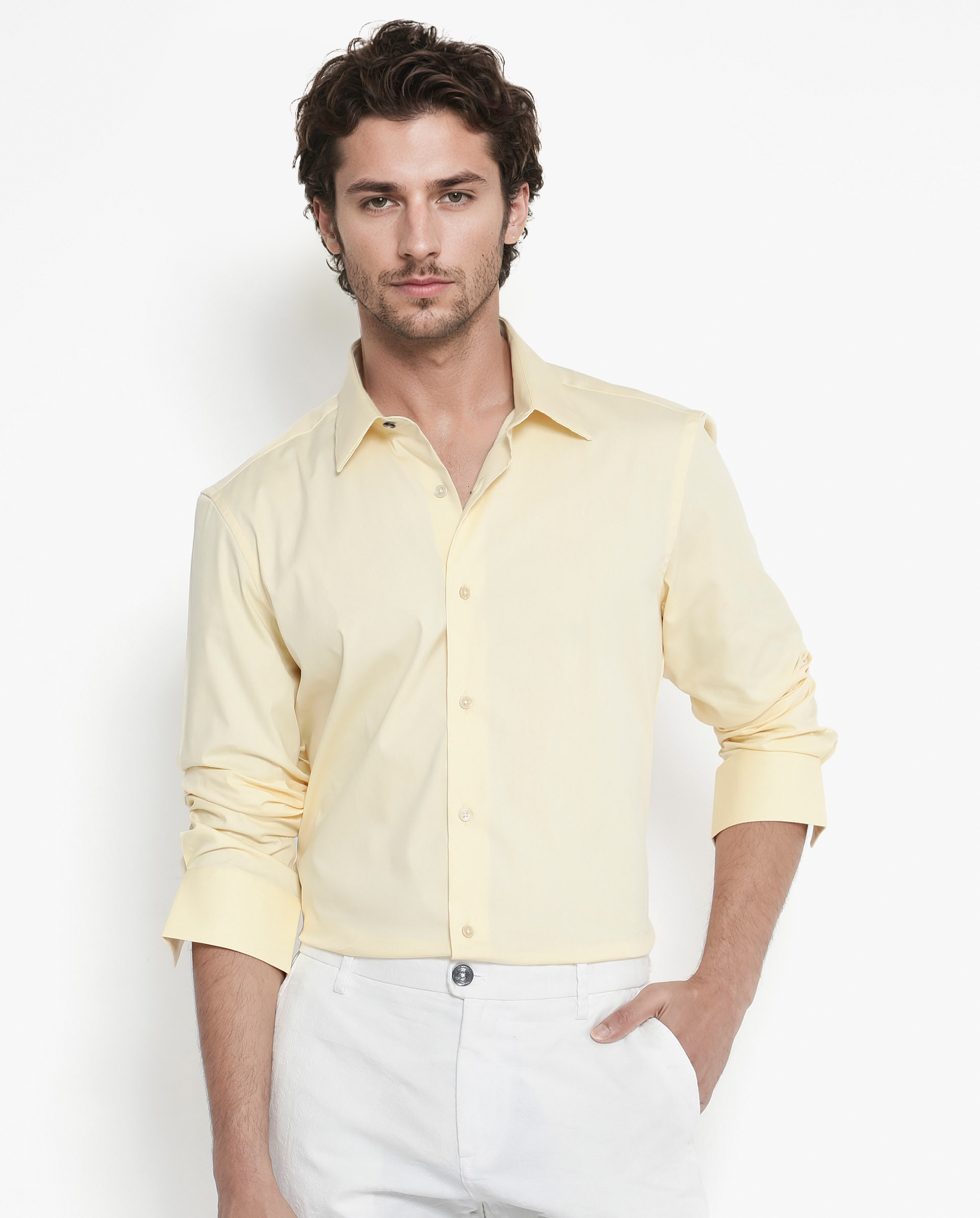 Rare Rabbit Men's Bendict Pastel Yellow Cotton Plain Regular Fit Full Sleeve Collared Shirt