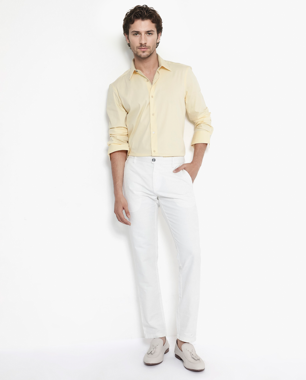 Rare Rabbit Men's Bendict Pastel Yellow Cotton Plain Regular Fit Full Sleeve Collared Shirt