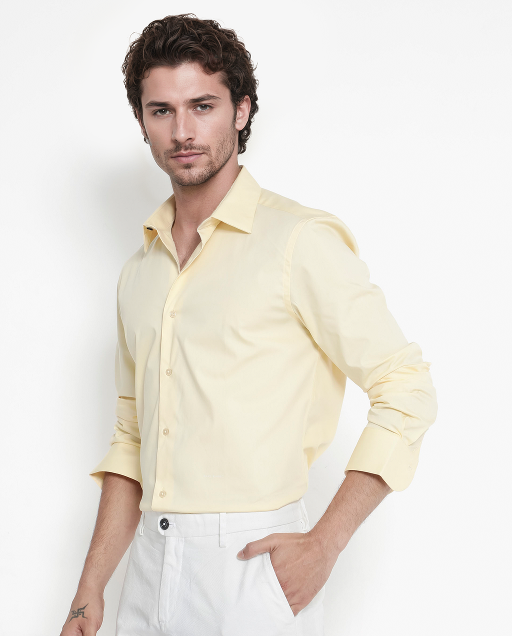 Rare Rabbit Men's Bendict Pastel Yellow Cotton Plain Regular Fit Full Sleeve Collared Shirt