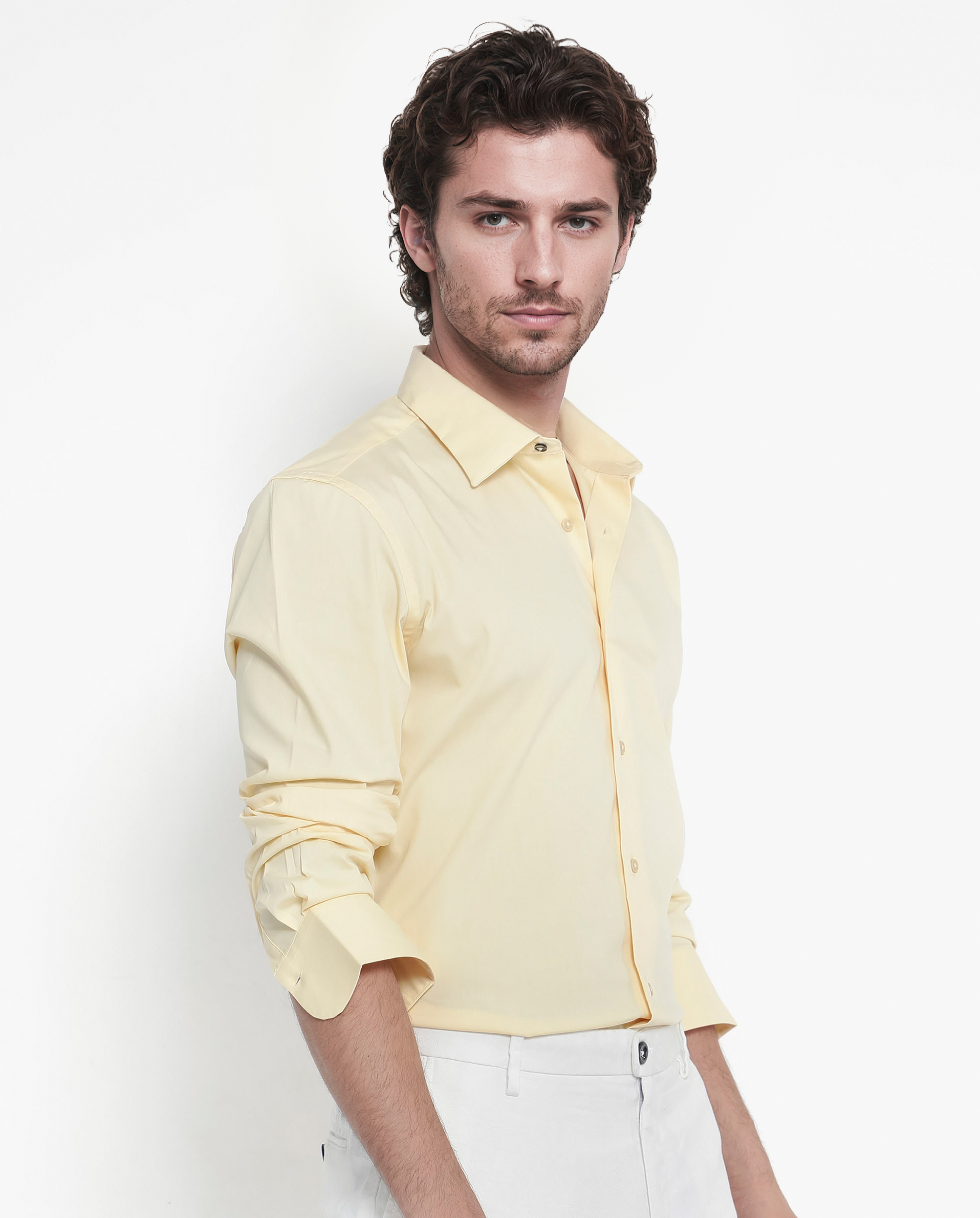 Rare Rabbit Men's Bendict Pastel Yellow Cotton Plain Regular Fit Full Sleeve Collared Shirt