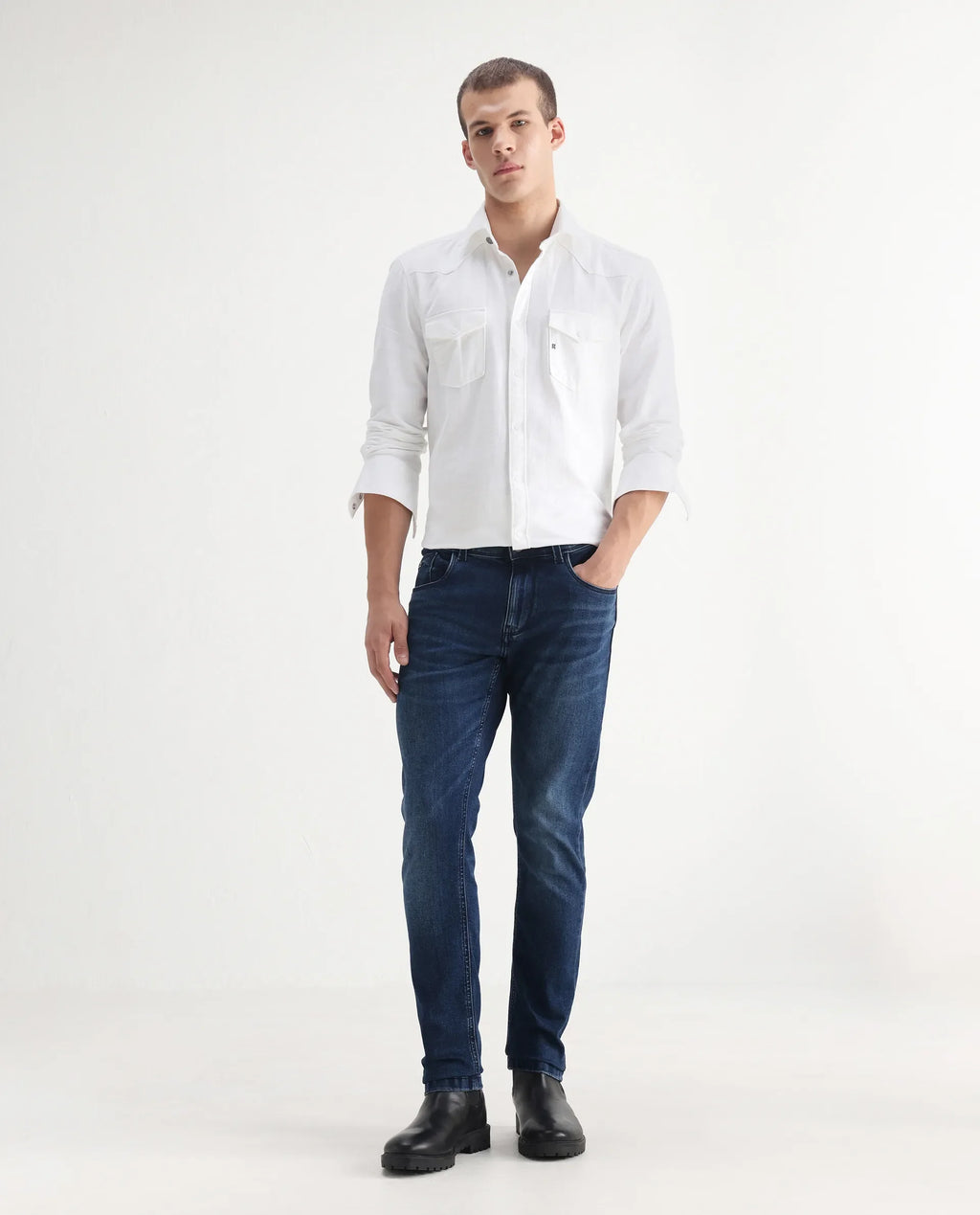 Rare Rabbit Men's Benn Blue Cotton Blend Plain Hawk Slim Fit Jeans