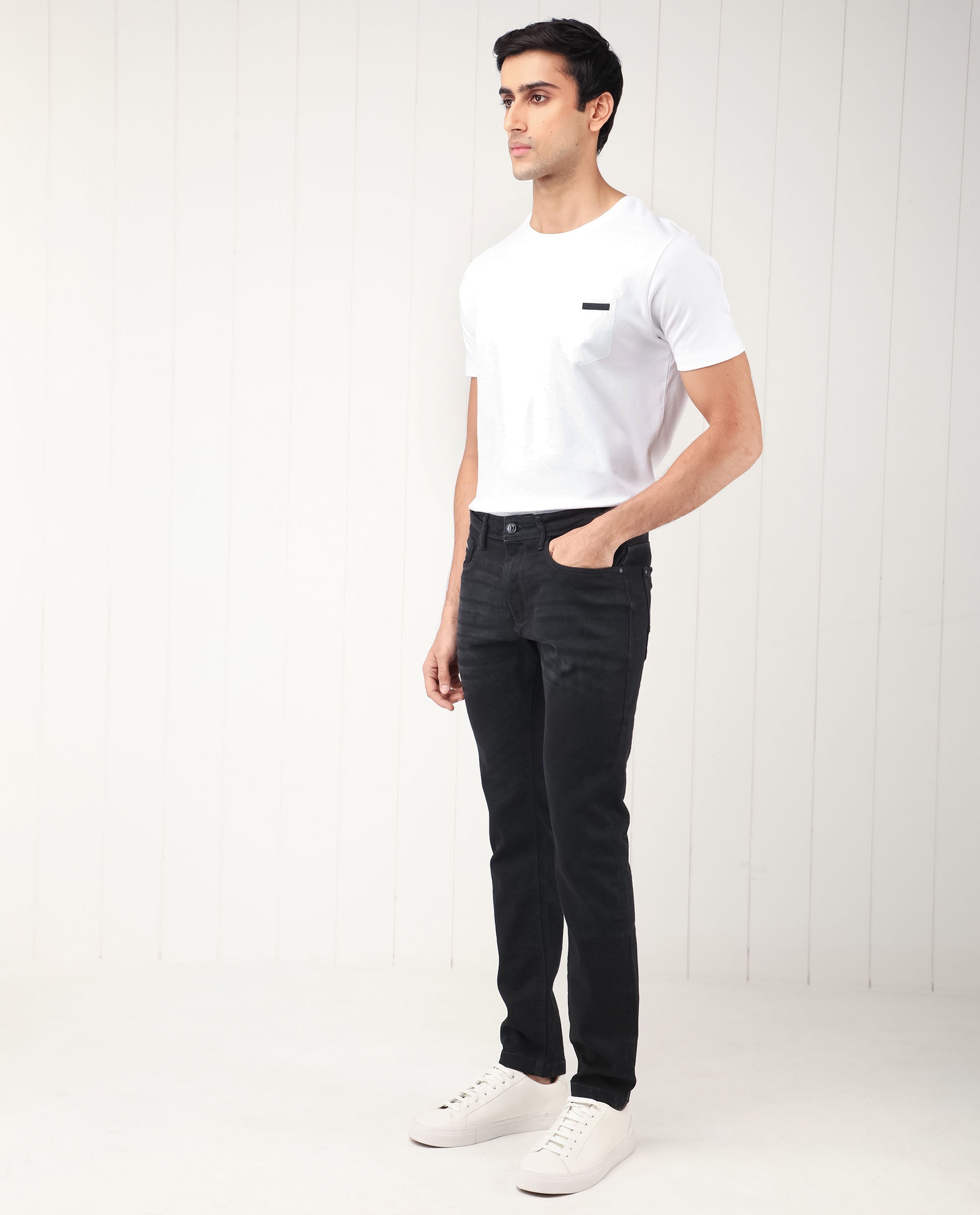 Rare Rabbit Men's Benoit Black Cotton Plain Hawk Slim Fit Jeans