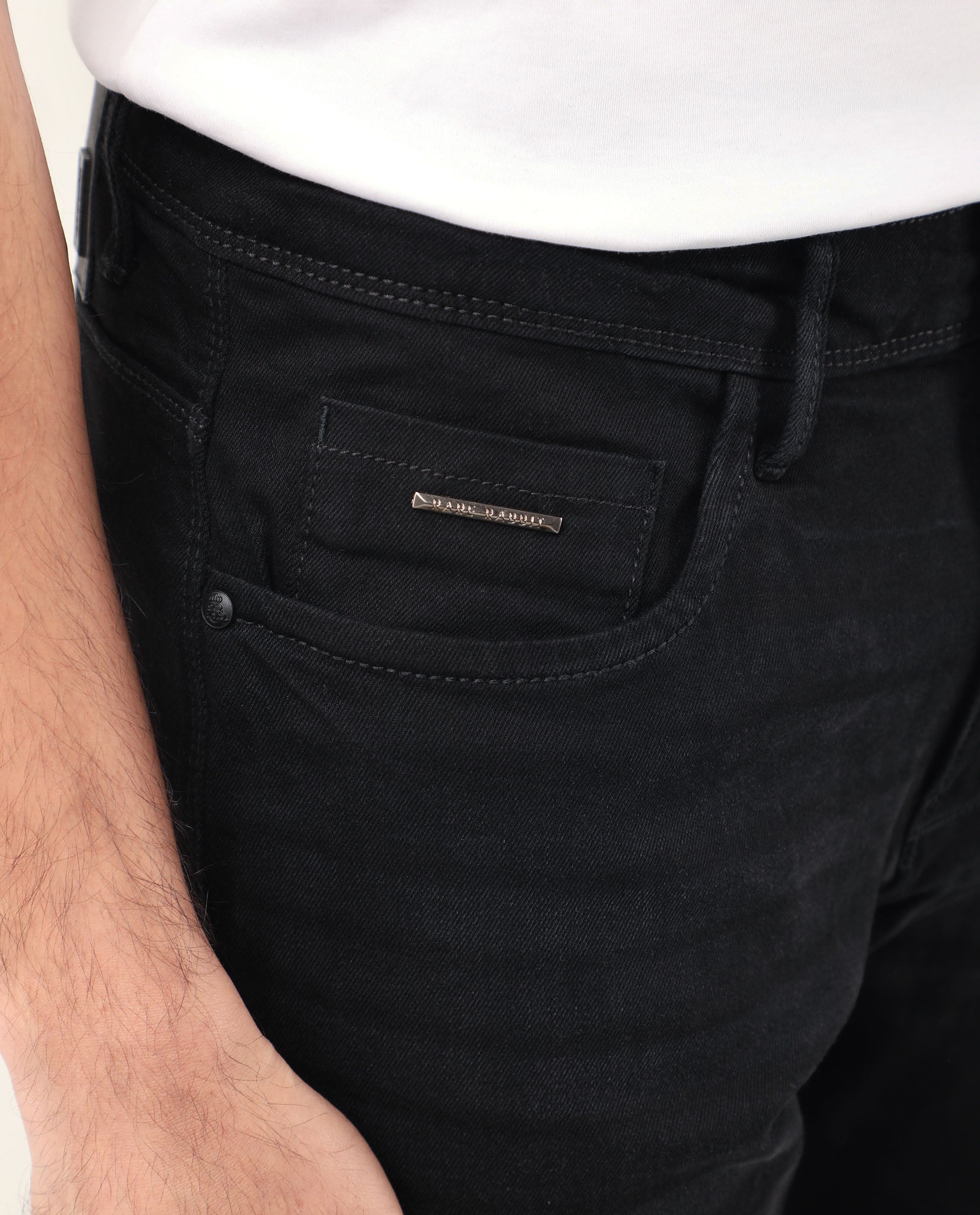 Rare Rabbit Men's Benoit Black Cotton Plain Hawk Slim Fit Jeans