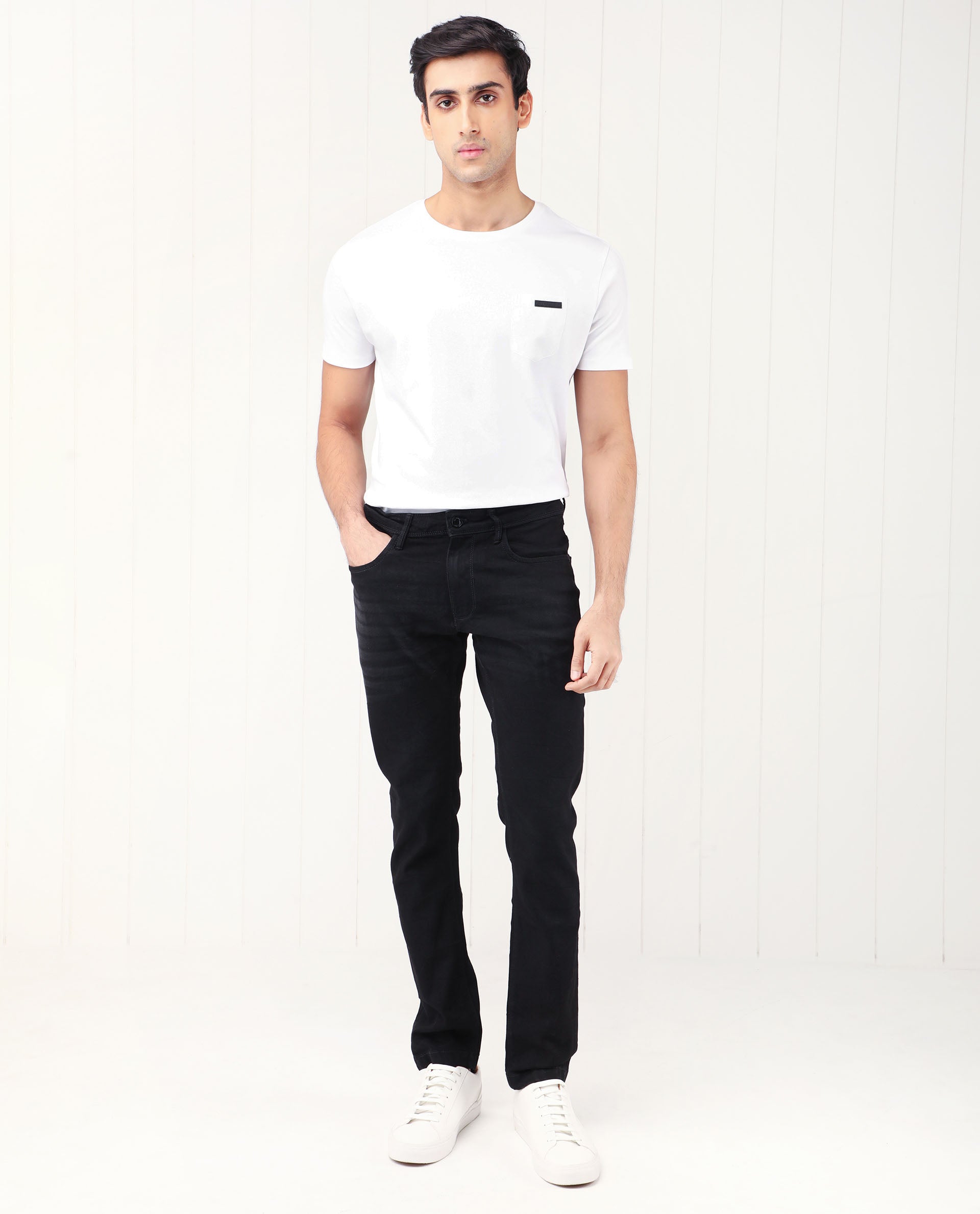 Rare Rabbit Men's Benoit Black Cotton Plain Hawk Slim Fit Jeans
