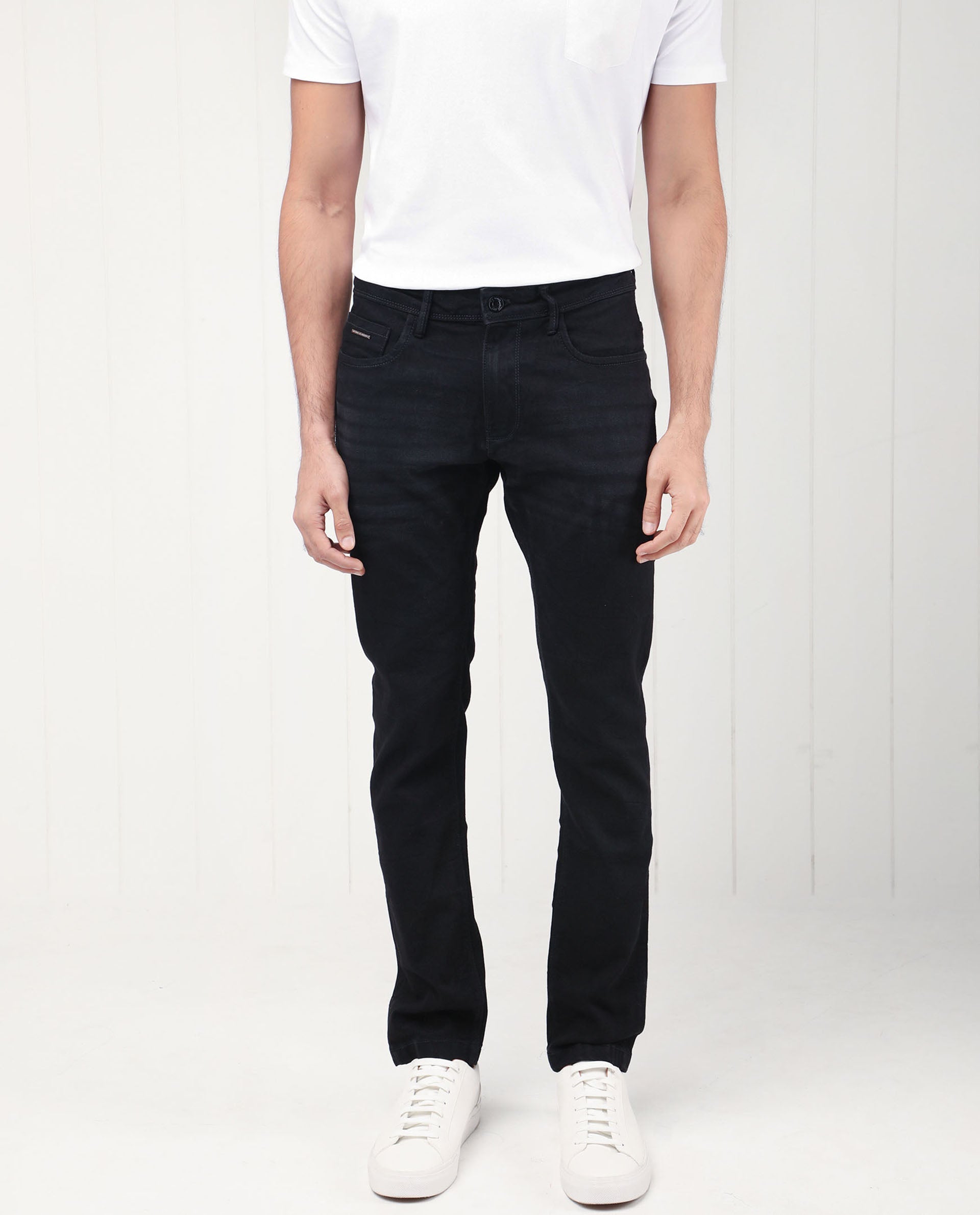 Rare Rabbit Men's Benoit Black Cotton Plain Hawk Slim Fit Jeans