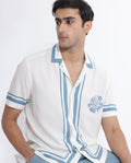 Rare Rabbit Men's Bluna Off White Viscose Floral Print Regular Fit Half Sleeve Cuban Collar Shirt