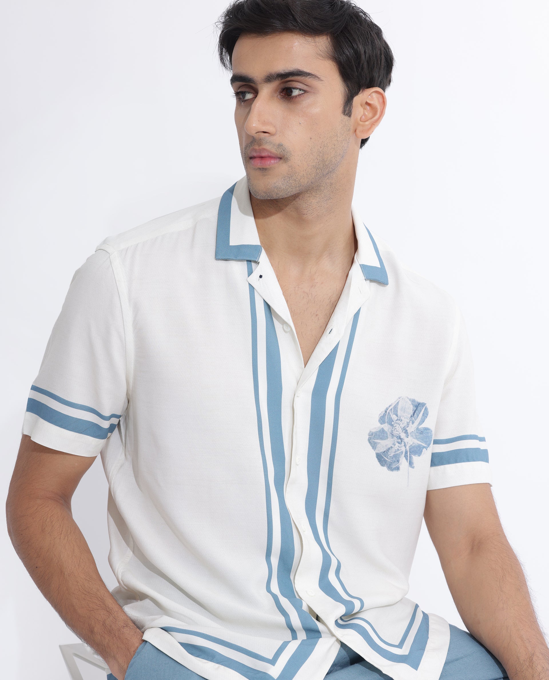 Rare Rabbit Men's Bluna Off White Viscose Floral Print Regular Fit Half Sleeve Cuban Collar Shirt