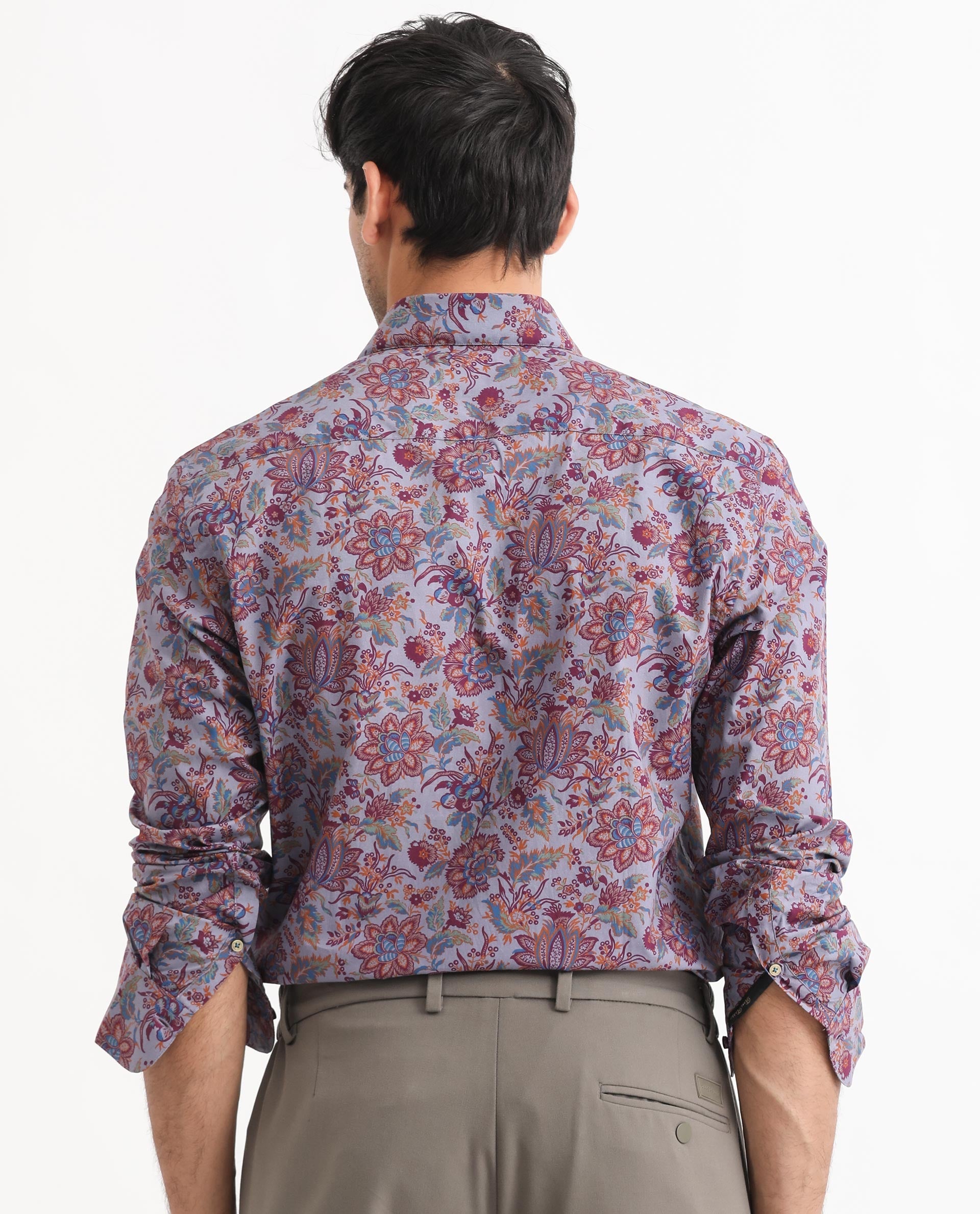 Rare Rabbit Men's Boltonn Purple Cotton Floral Print Regular Fit Full Sleeve Collared Shirt