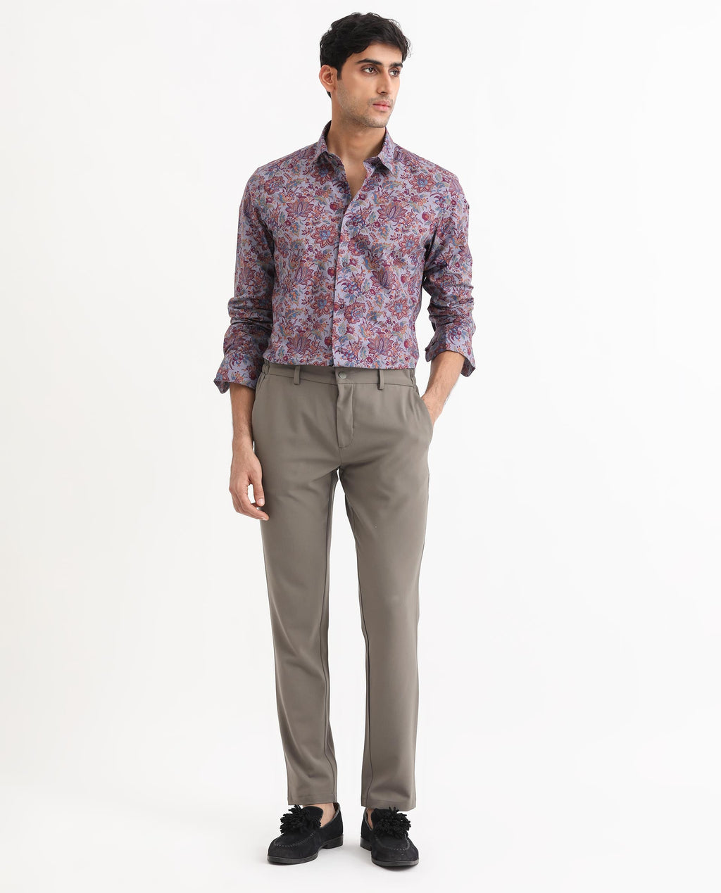 Rare Rabbit Men's Boltonn Purple Cotton Floral Print Regular Fit Full Sleeve Collared Shirt