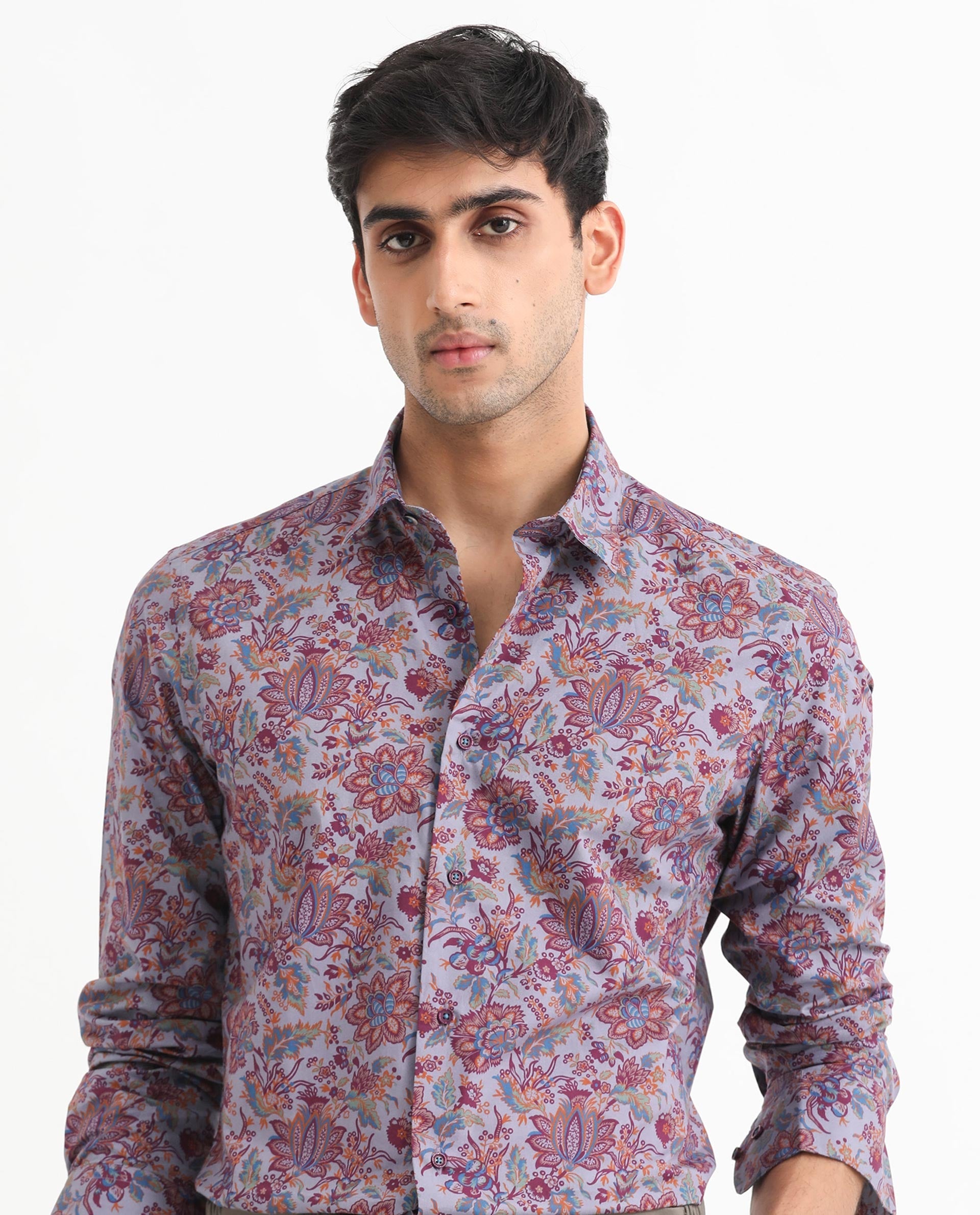 Rare Rabbit Men's Boltonn Purple Cotton Floral Print Regular Fit Full Sleeve Collared Shirt