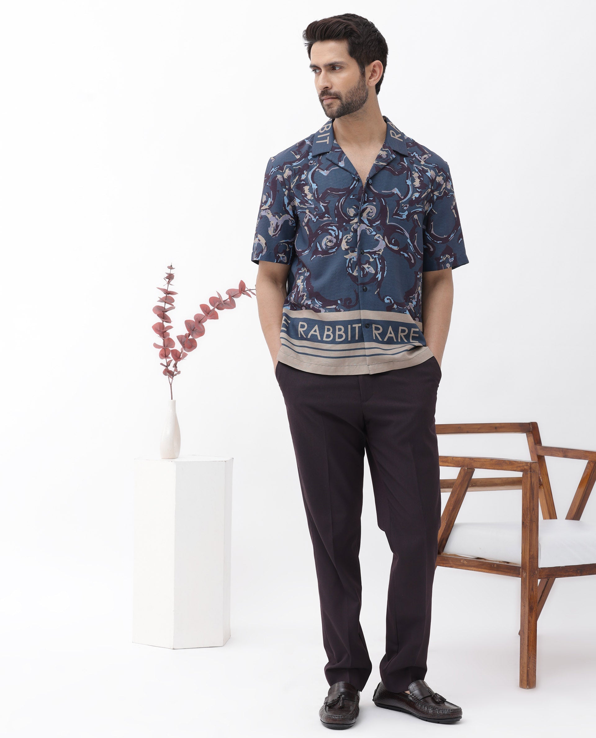 Rare Rabbit Men's Bordi Dark Navy Viscose Abstract Print Boxy Fit Half Sleeve Cuban Collar Shirt