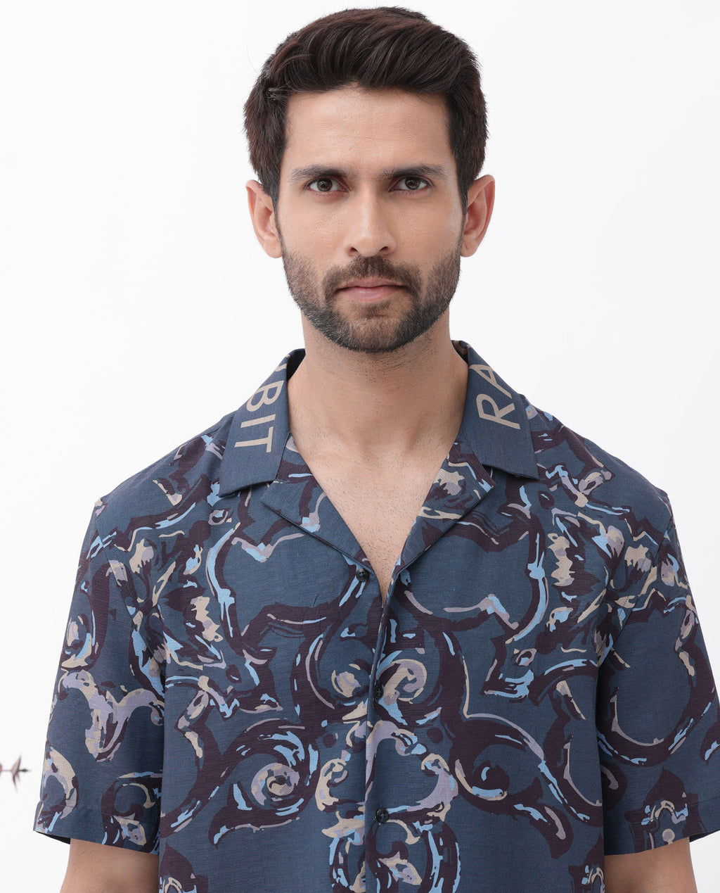 Rare Rabbit Men's Bordi Dark Navy Viscose Abstract Print Boxy Fit Half Sleeve Cuban Collar Shirt