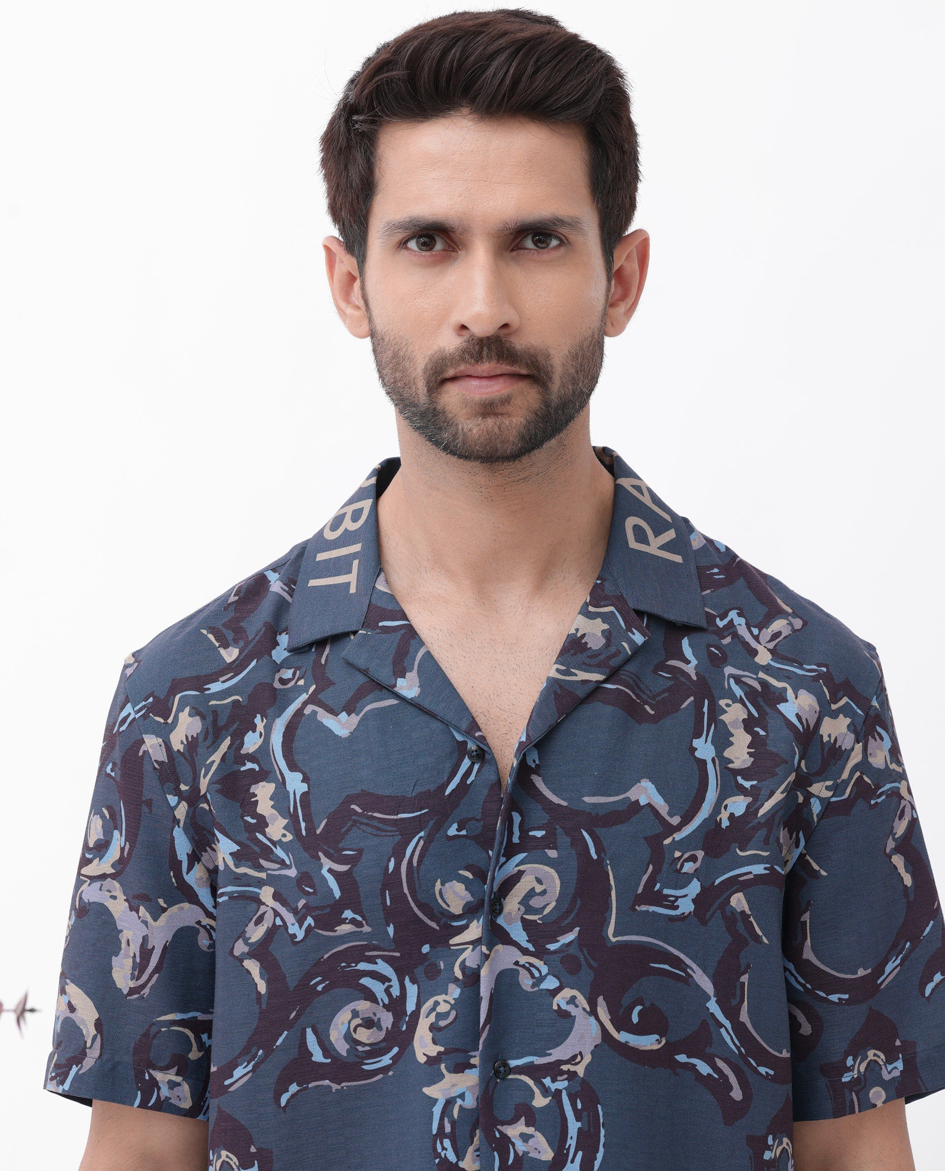 Rare Rabbit Men's Bordi Dark Navy Viscose Abstract Print Boxy Fit Half Sleeve Cuban Collar Shirt