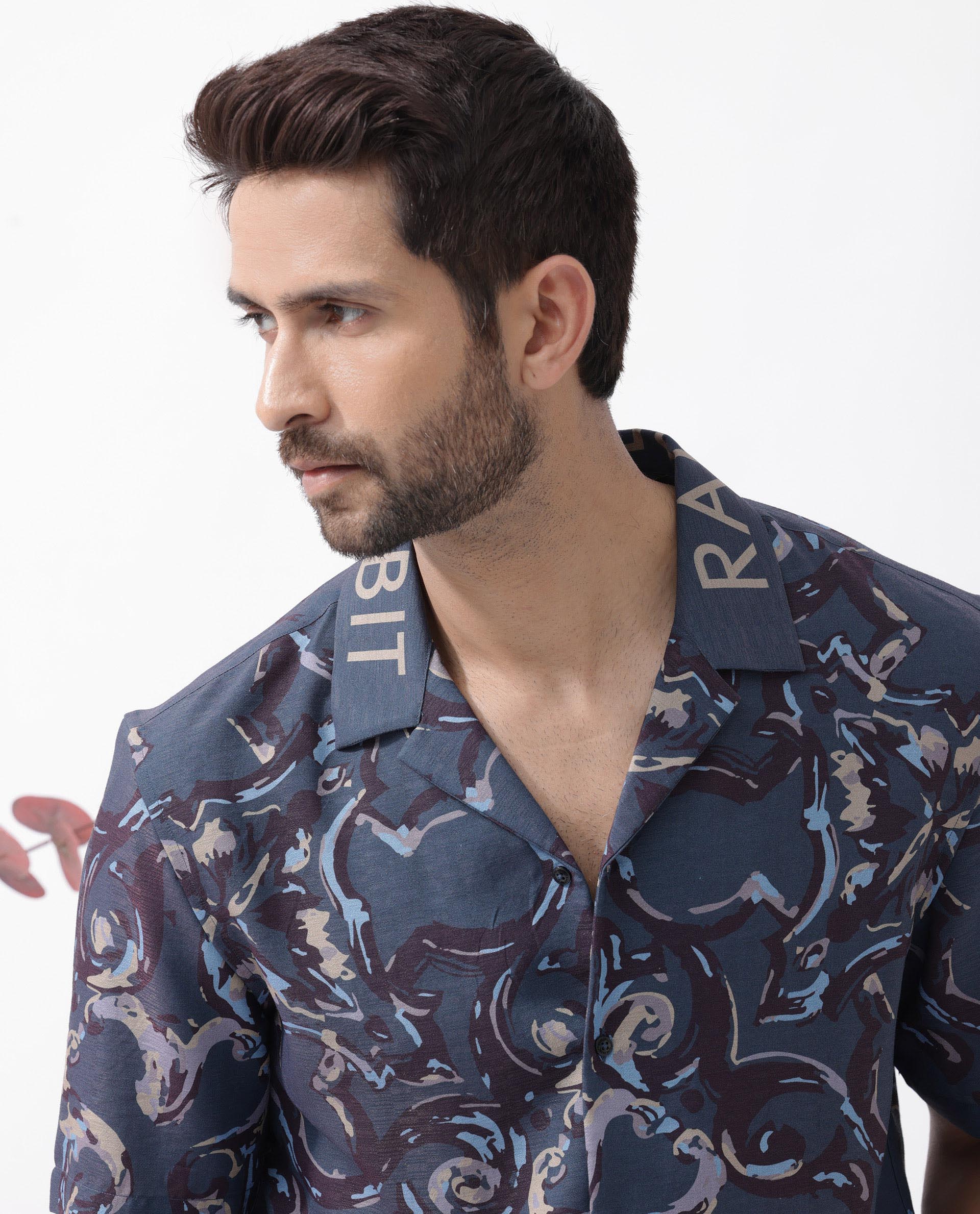 Rare Rabbit Men's Bordi Dark Navy Viscose Abstract Print Boxy Fit Half Sleeve Cuban Collar Shirt