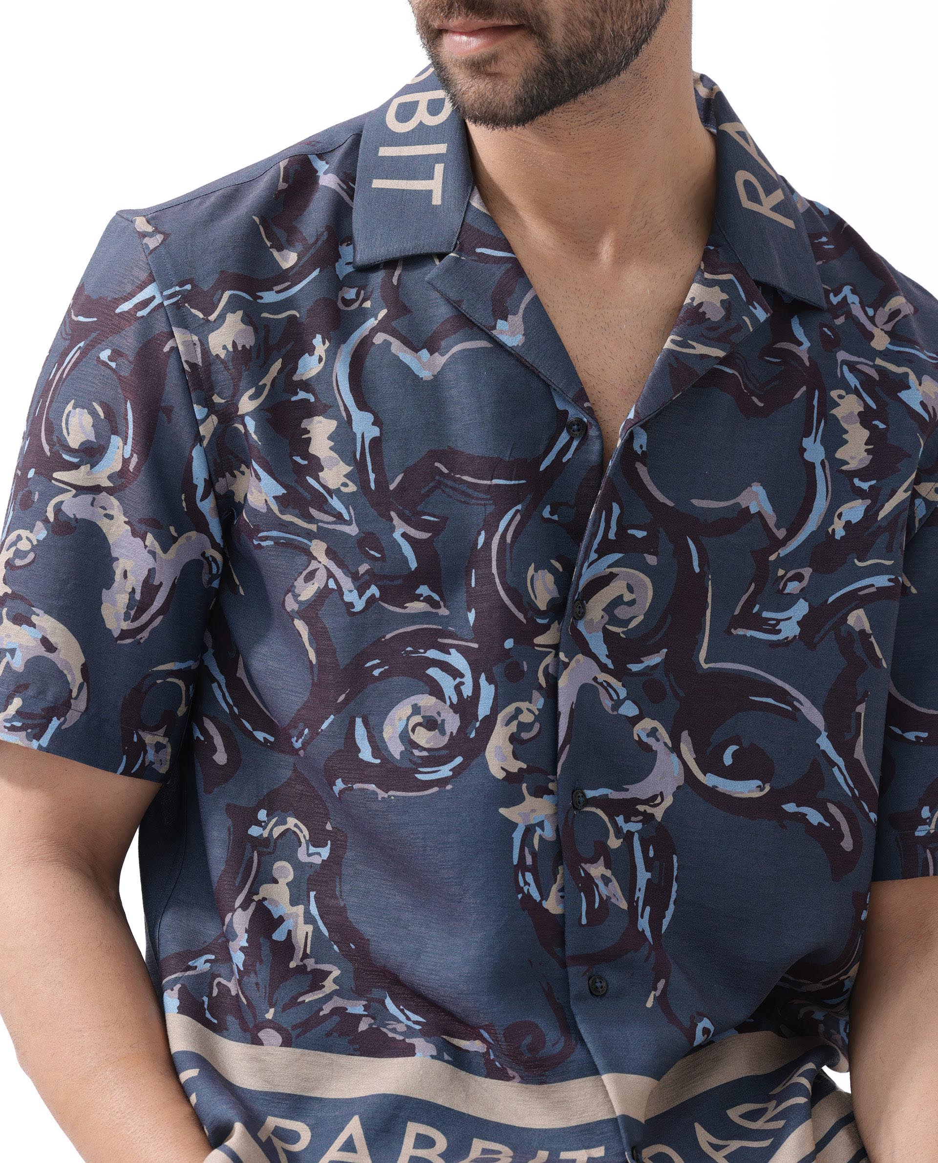 Rare Rabbit Men's Bordi Dark Navy Viscose Abstract Print Boxy Fit Half Sleeve Cuban Collar Shirt