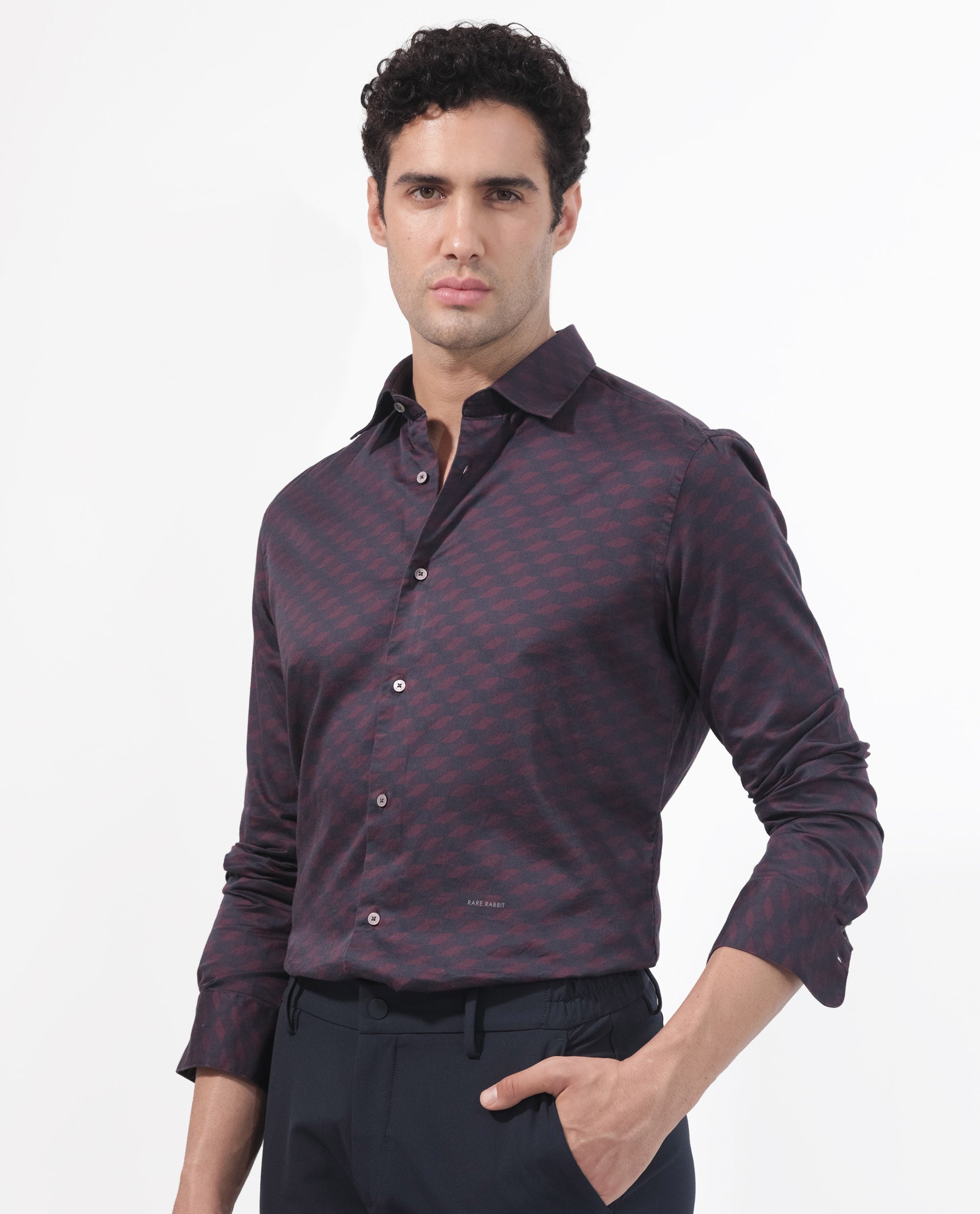 Rare Rabbit Men's Botcheyy Maroon Cotton Geometric Print Regular Fit Full Sleeve Collared Shirt