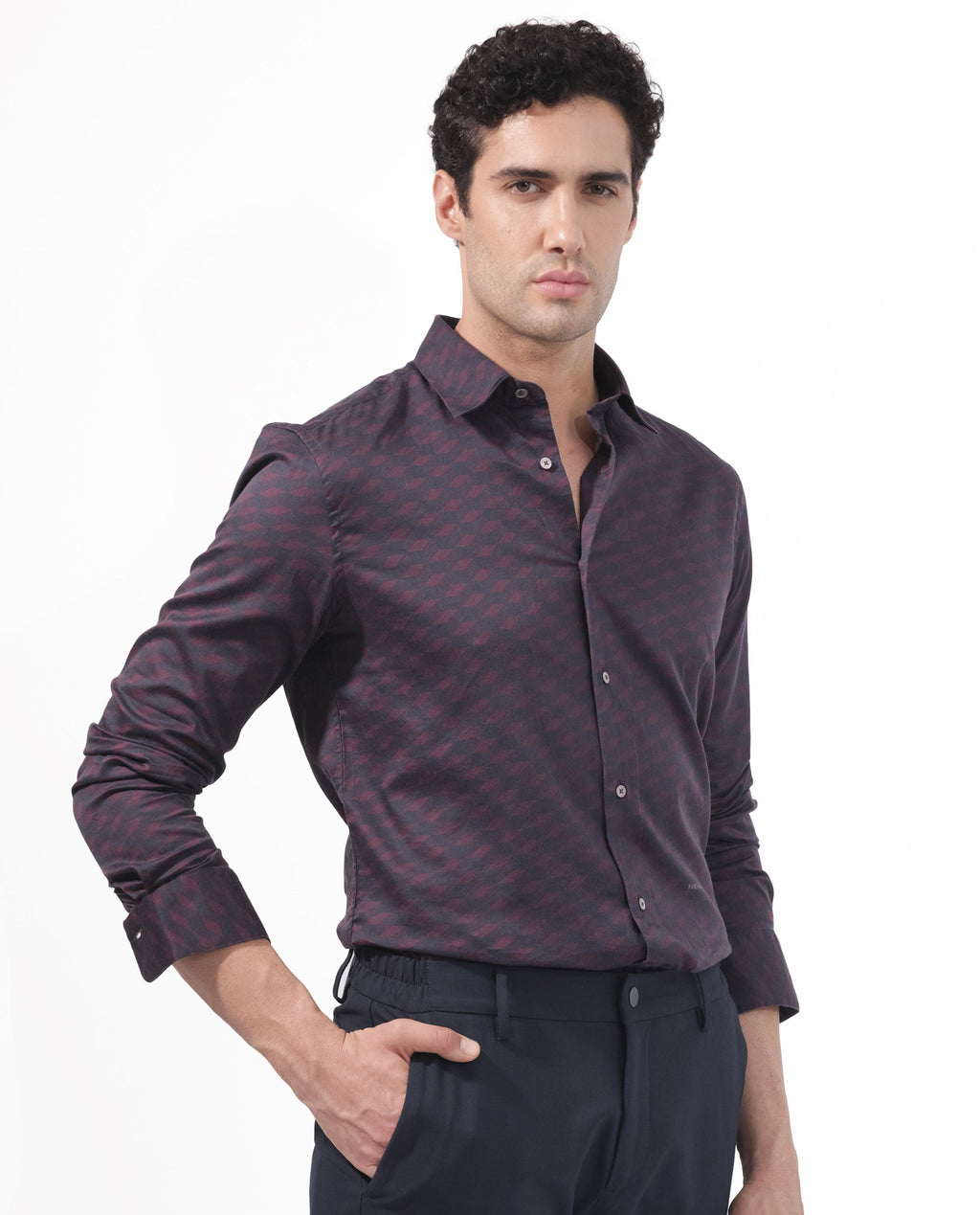 Rare Rabbit Men's Botcheyy Maroon Cotton Geometric Print Regular Fit Full Sleeve Collared Shirt