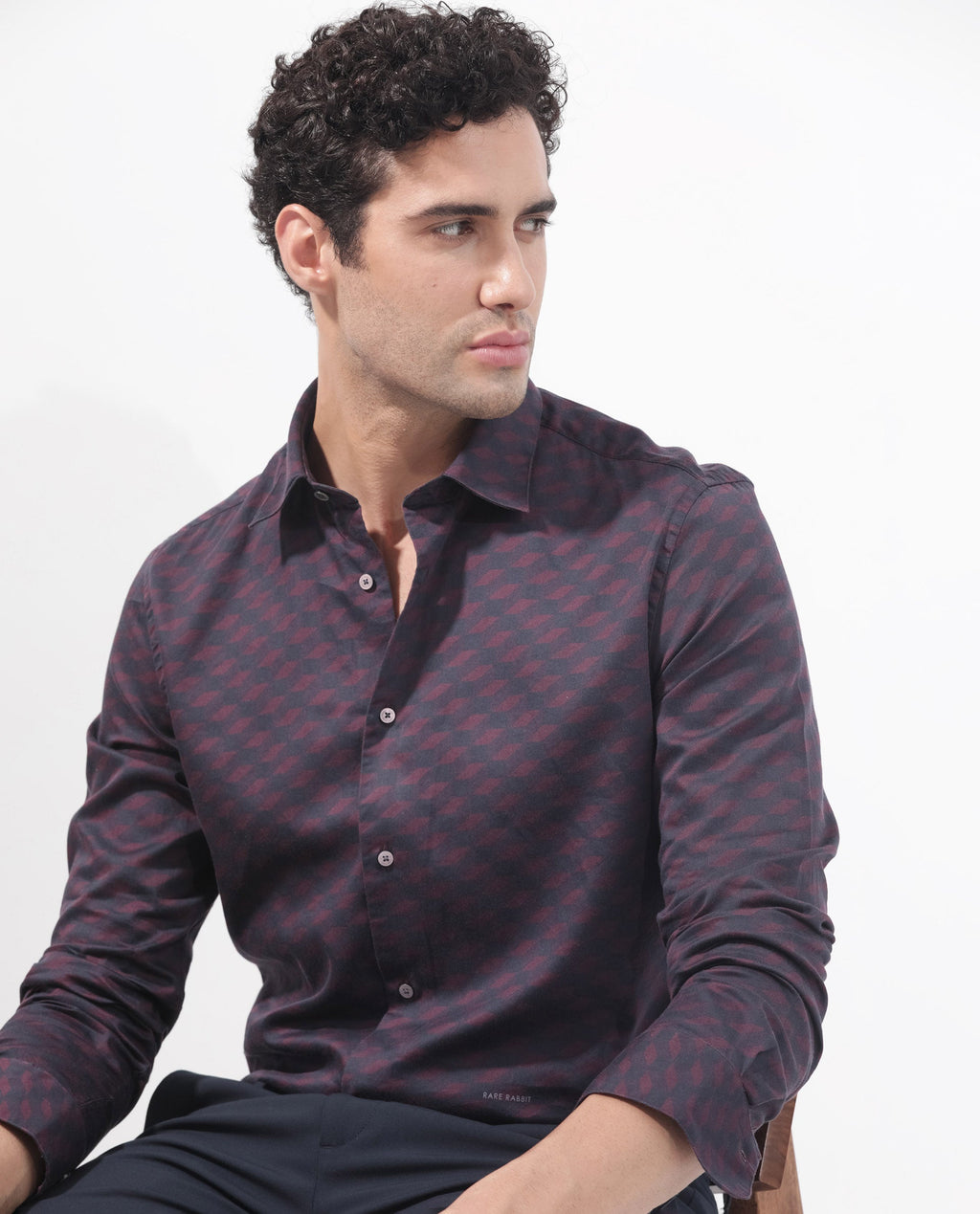 Rare Rabbit Men's Botcheyy Maroon Cotton Geometric Print Regular Fit Full Sleeve Collared Shirt
