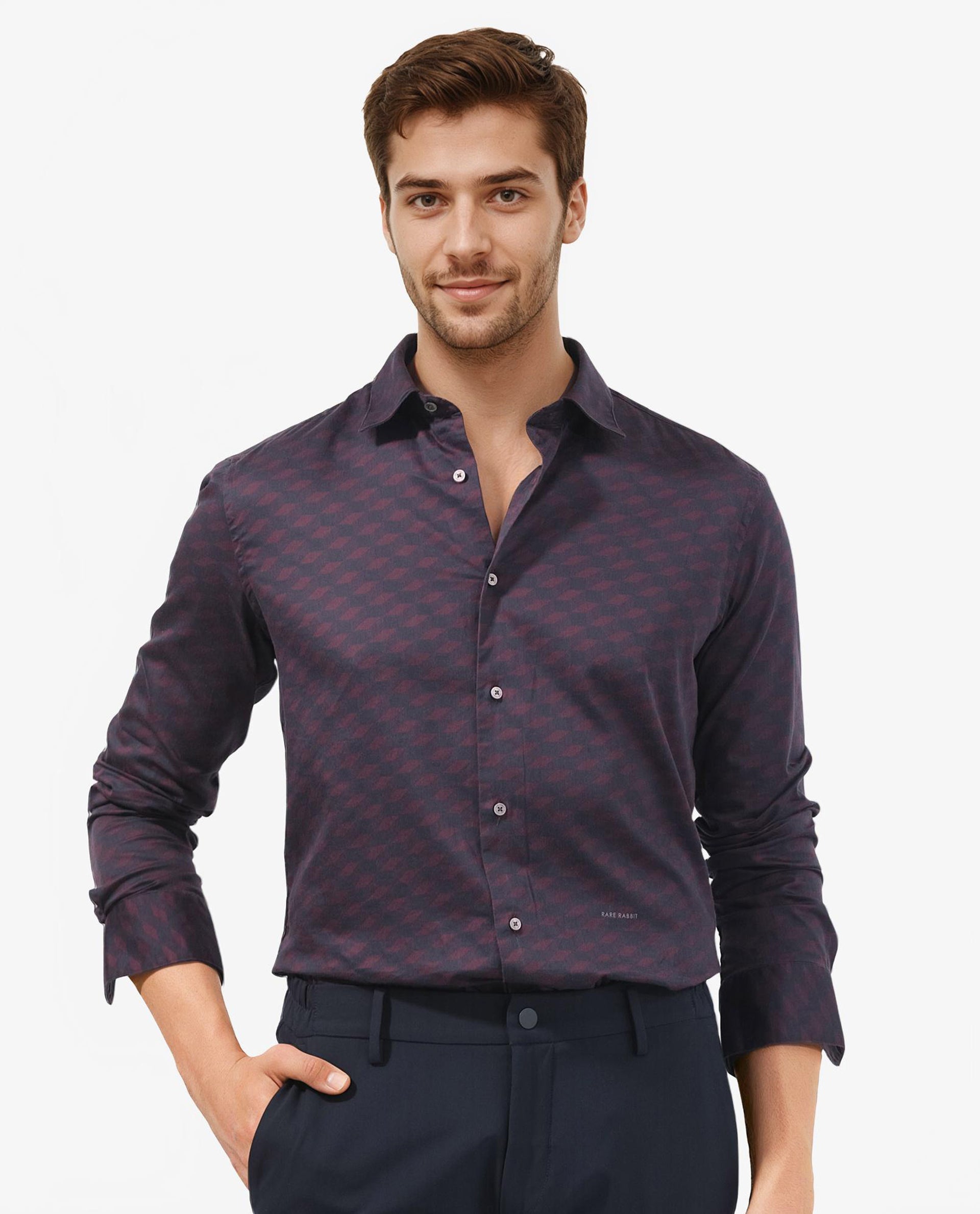 Rare Rabbit Men's Botcheyy Maroon Cotton Geometric Print Regular Fit Full Sleeve Collared Shirt