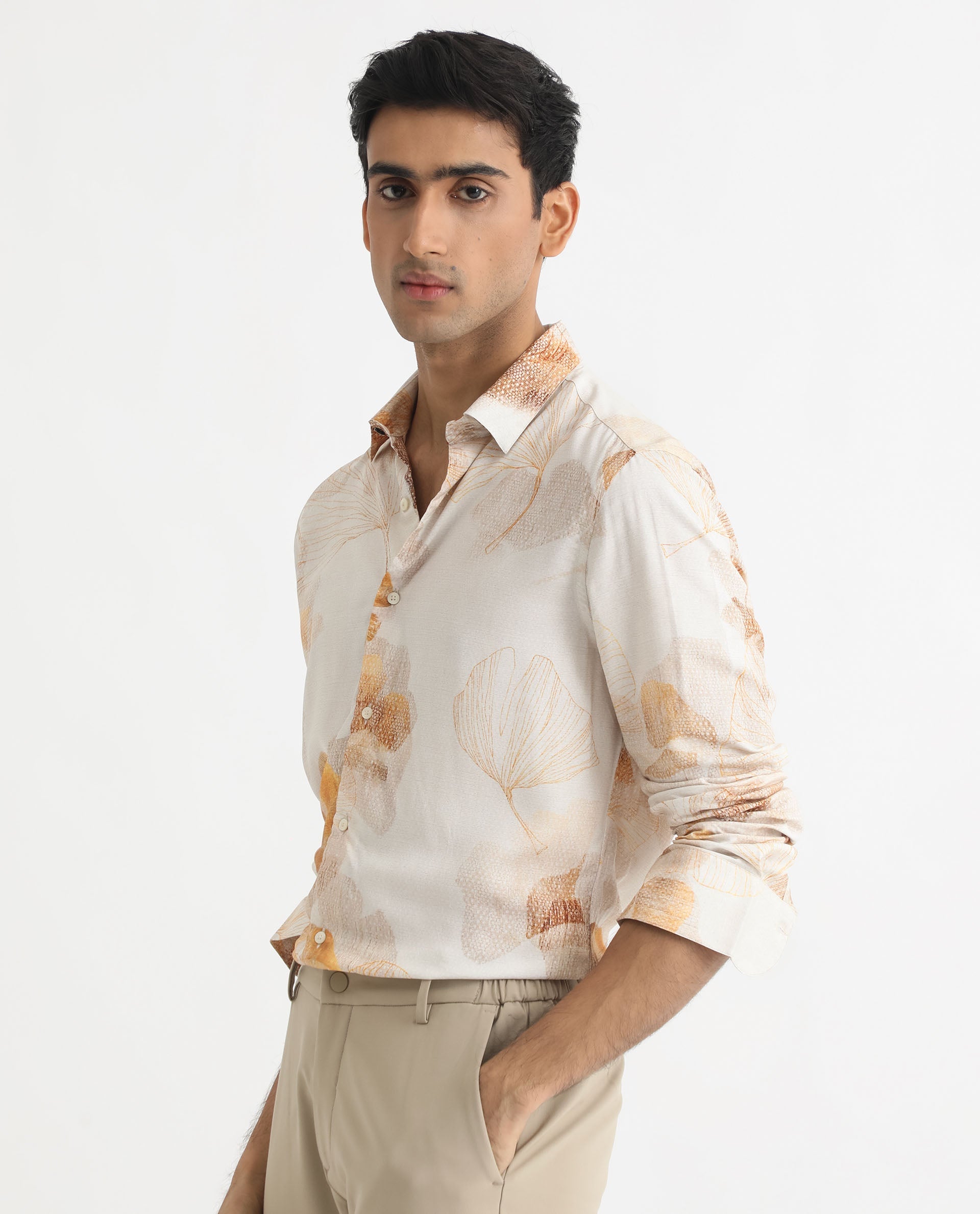 Rare Rabbit Men's Bourbon Beige Viscose Floral Print Regular Fit Full Sleeve Collared Shirt