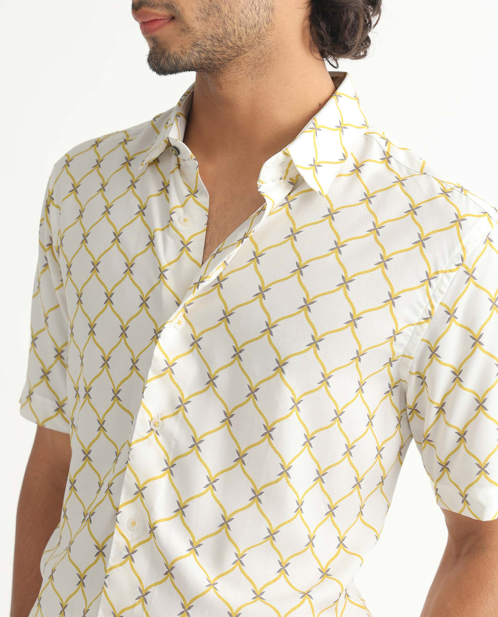 Rare Rabbit Men's Braga White Viscose Geometric Print Regular Fit Half Sleeve Collared Shirt