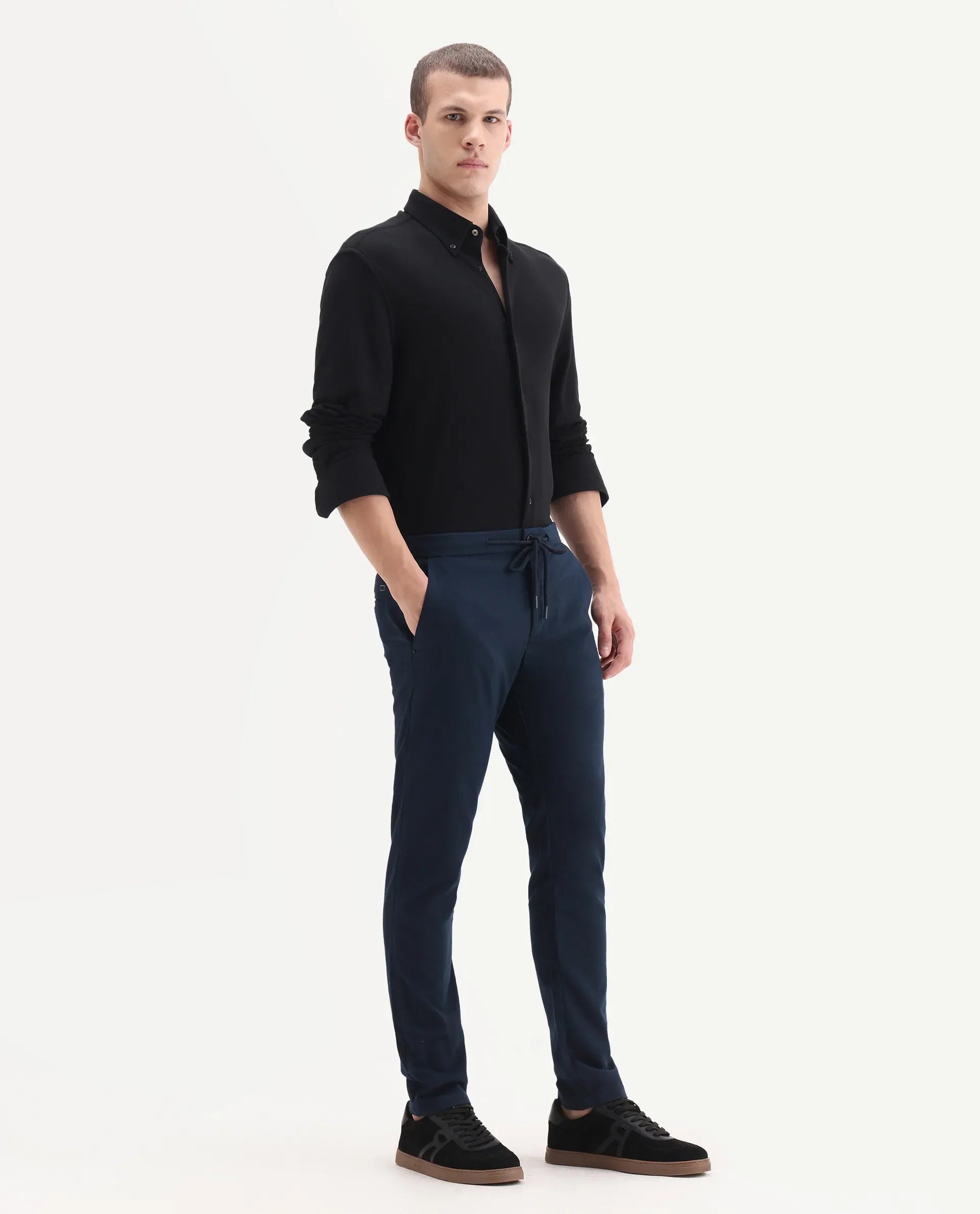 Rare Rabbit Men's Brando Navy Plain Regular Fit Trouser