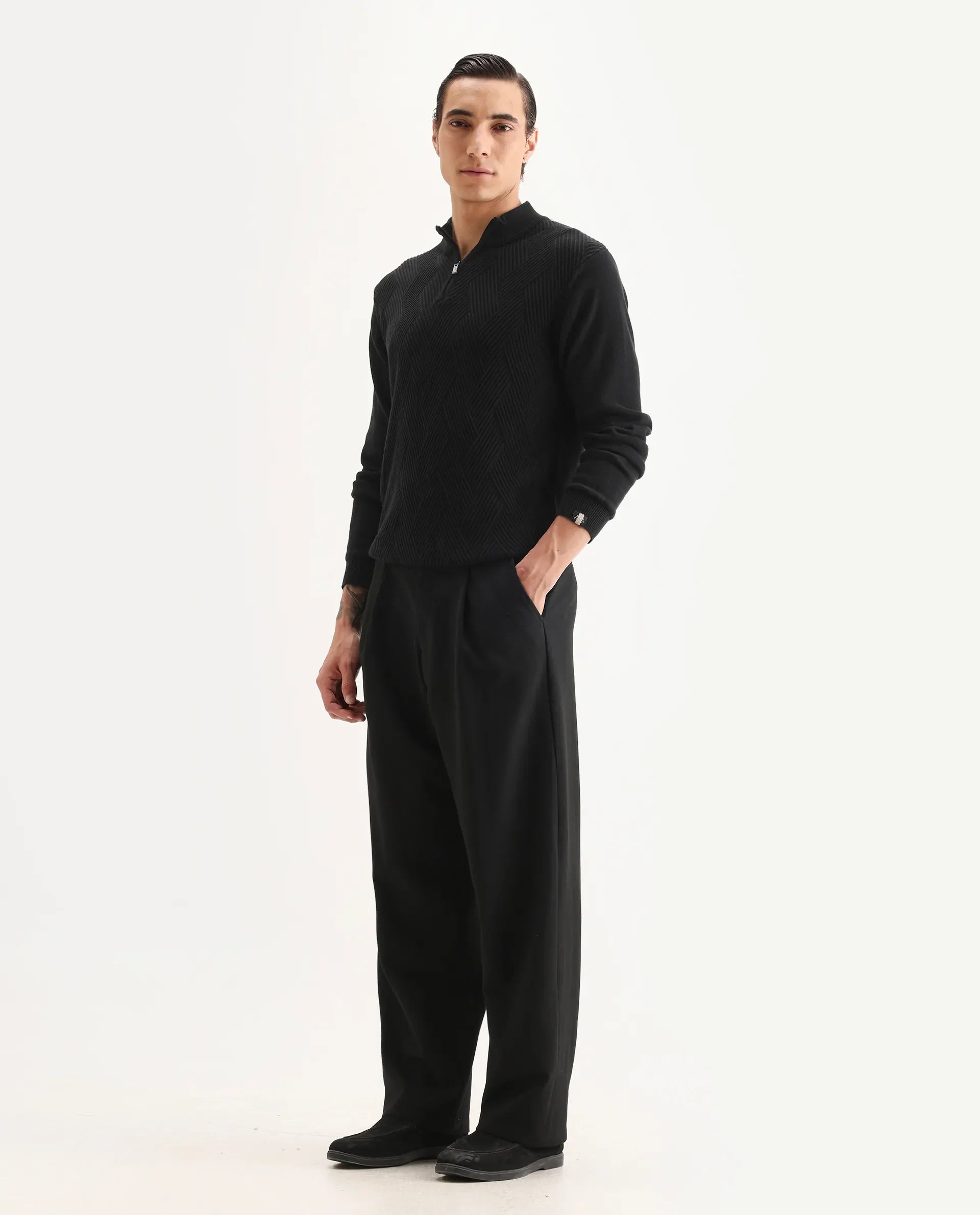 Rare Rabbit Men's Brelint Black Cotton Blend Plain Relaxed Fit Trouser