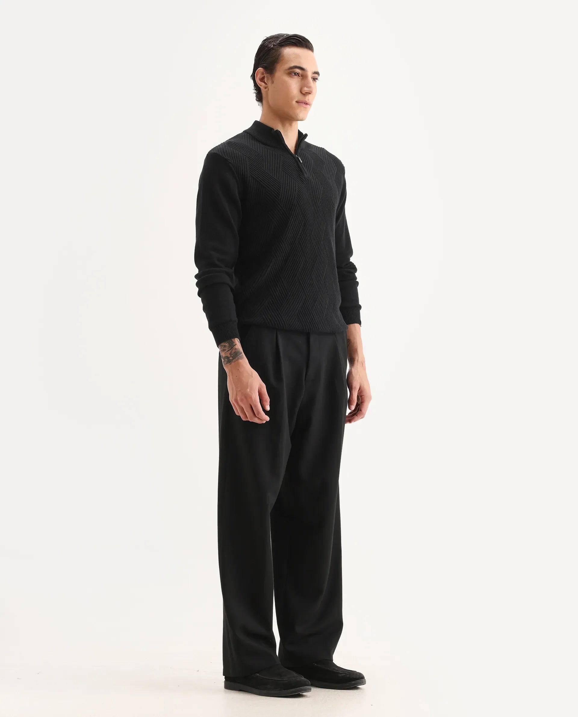 Rare Rabbit Men's Brelint Black Cotton Blend Plain Relaxed Fit Trouser