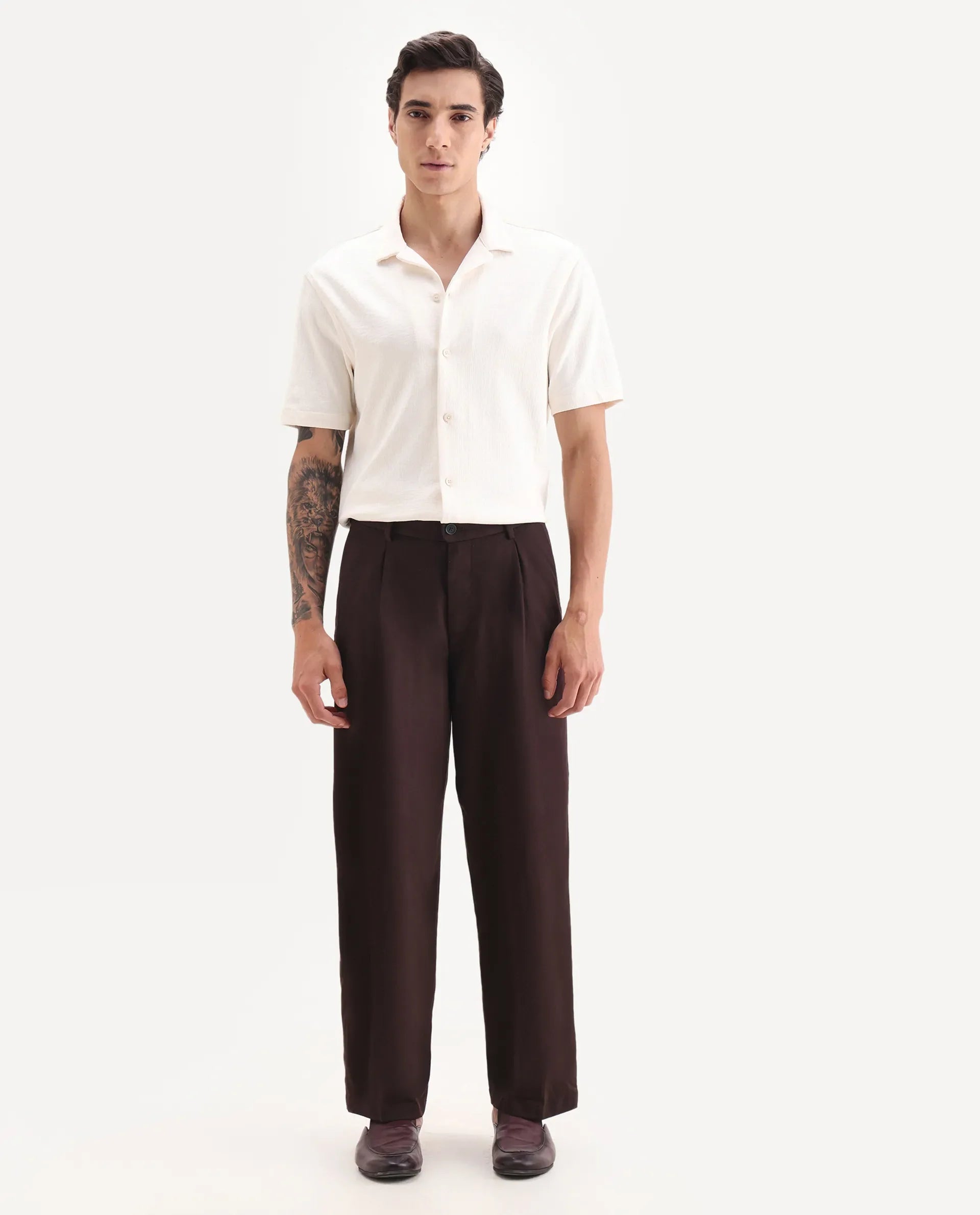 Rare Rabbit Men's Brelint Maroon Cotton Blend Plain Relaxed Fit Trouser
