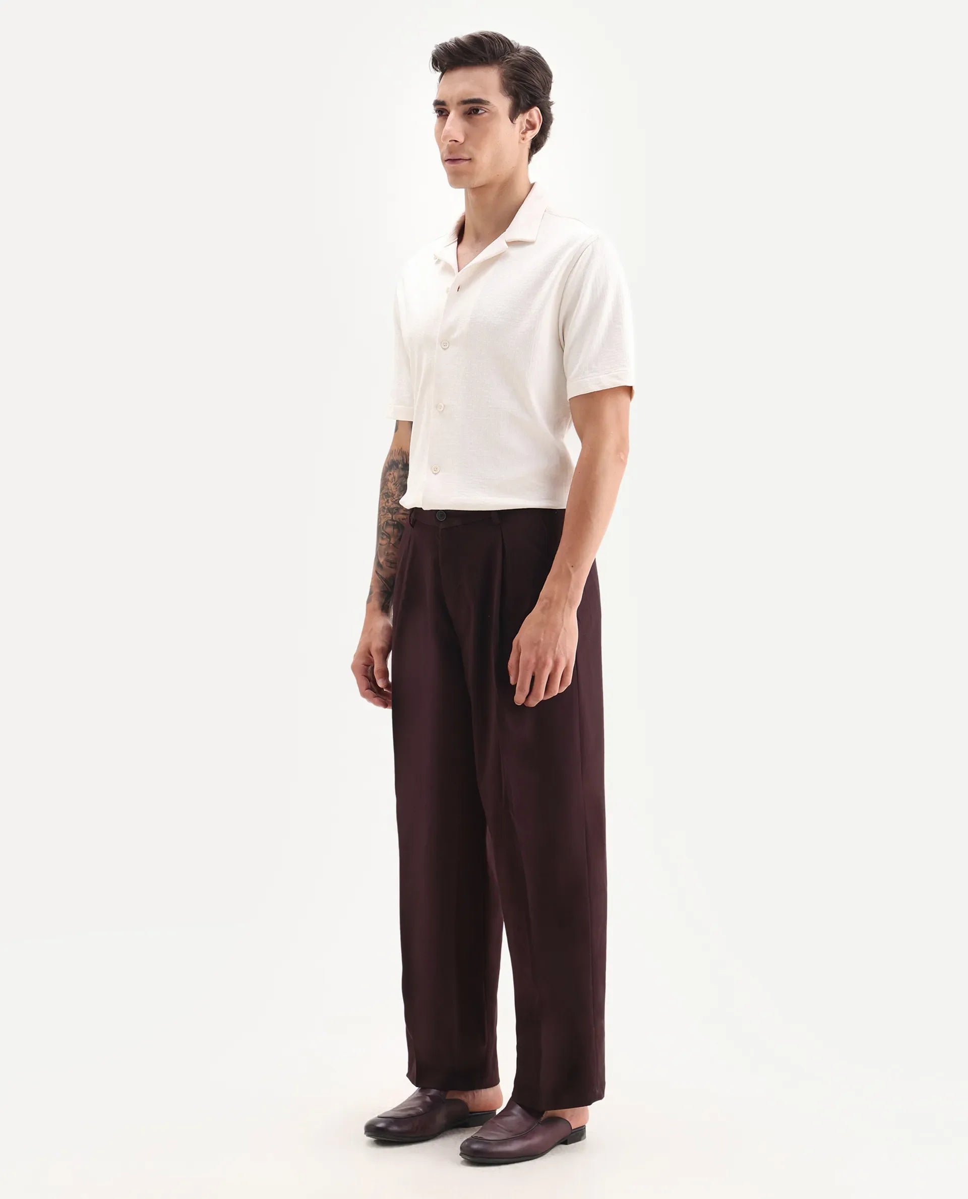 Rare Rabbit Men's Brelint Maroon Cotton Blend Plain Relaxed Fit Trouser