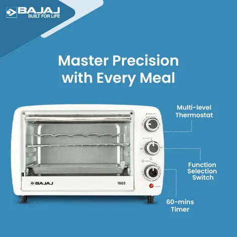 Bajaj 1603T 16 Litres Oven Toaster Grill (16L OTG) With Baking & Grilling Accessories 1200 W Oven For Kitchen With Transparent Glass Door White