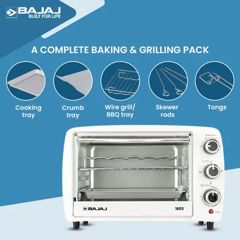 Bajaj 1603T 16 Litres Oven Toaster Grill (16L OTG) With Baking & Grilling Accessories 1200 W Oven For Kitchen With Transparent Glass Door White