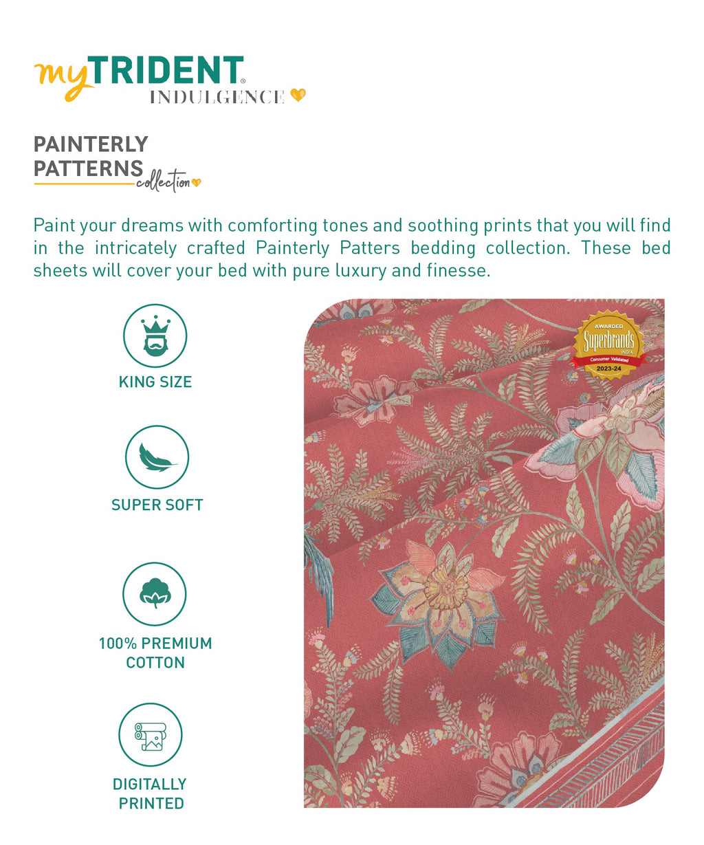 Indulgence Painterly Pattern King Bedsheet Set, Valencia|300 TC Cotton| 4 Pillow Covers