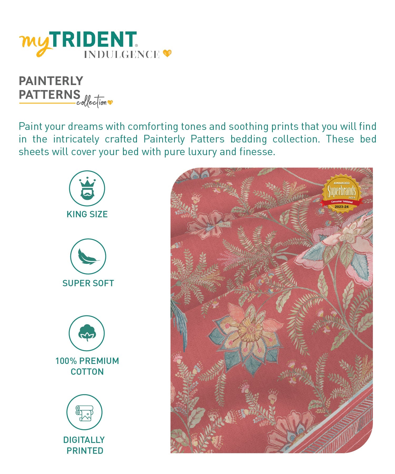 Indulgence Painterly Pattern King Bedsheet Set, Valencia|300 TC Cotton| 4 Pillow Covers