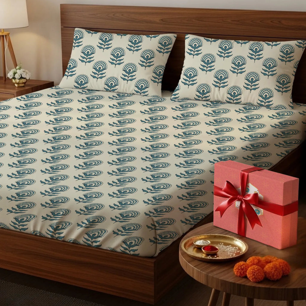 200 TC 100% Cotton Bedsheet Set in Gift Box - Floralbell Blue