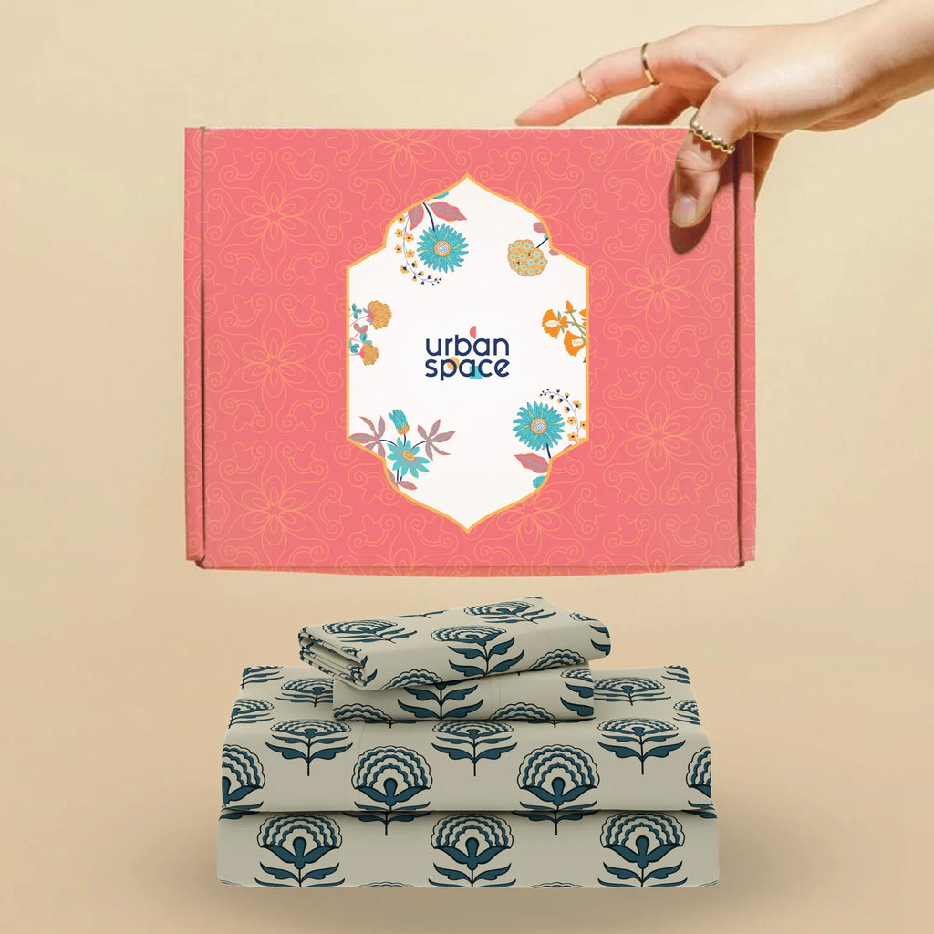 200 TC 100% Cotton Bedsheet Set in Gift Box - Floralbell Blue