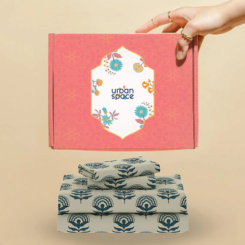 200 TC 100% Cotton Bedsheet Set in Gift Box - Floralbell Blue