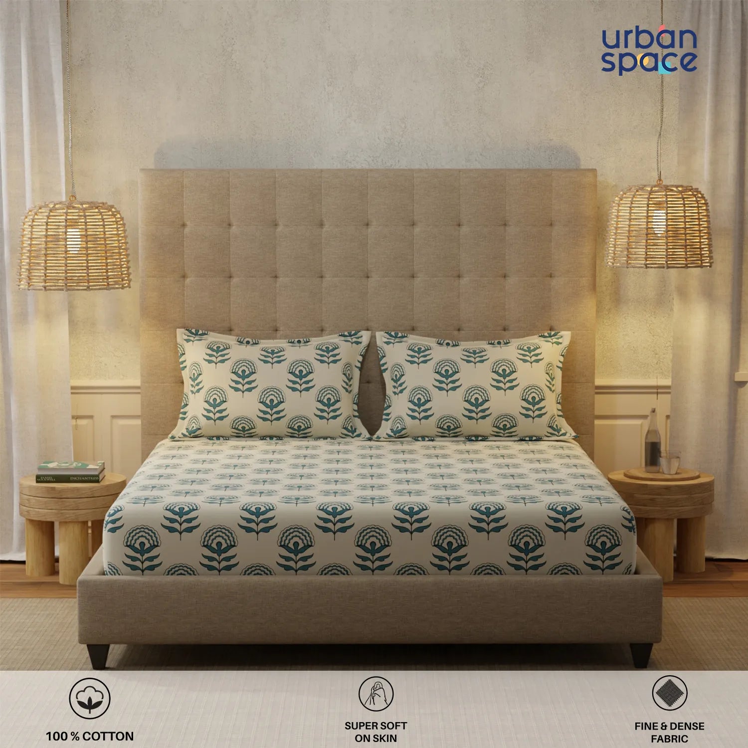 200 TC 100% Cotton Bedsheet Set in Gift Box - Floralbell Blue