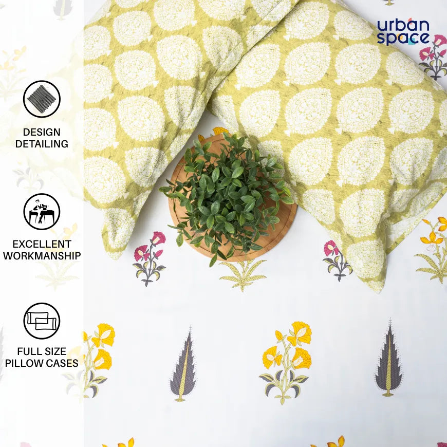 200 TC 100% Cotton Bedsheet Set in Gift Box - High Garden Yellow
