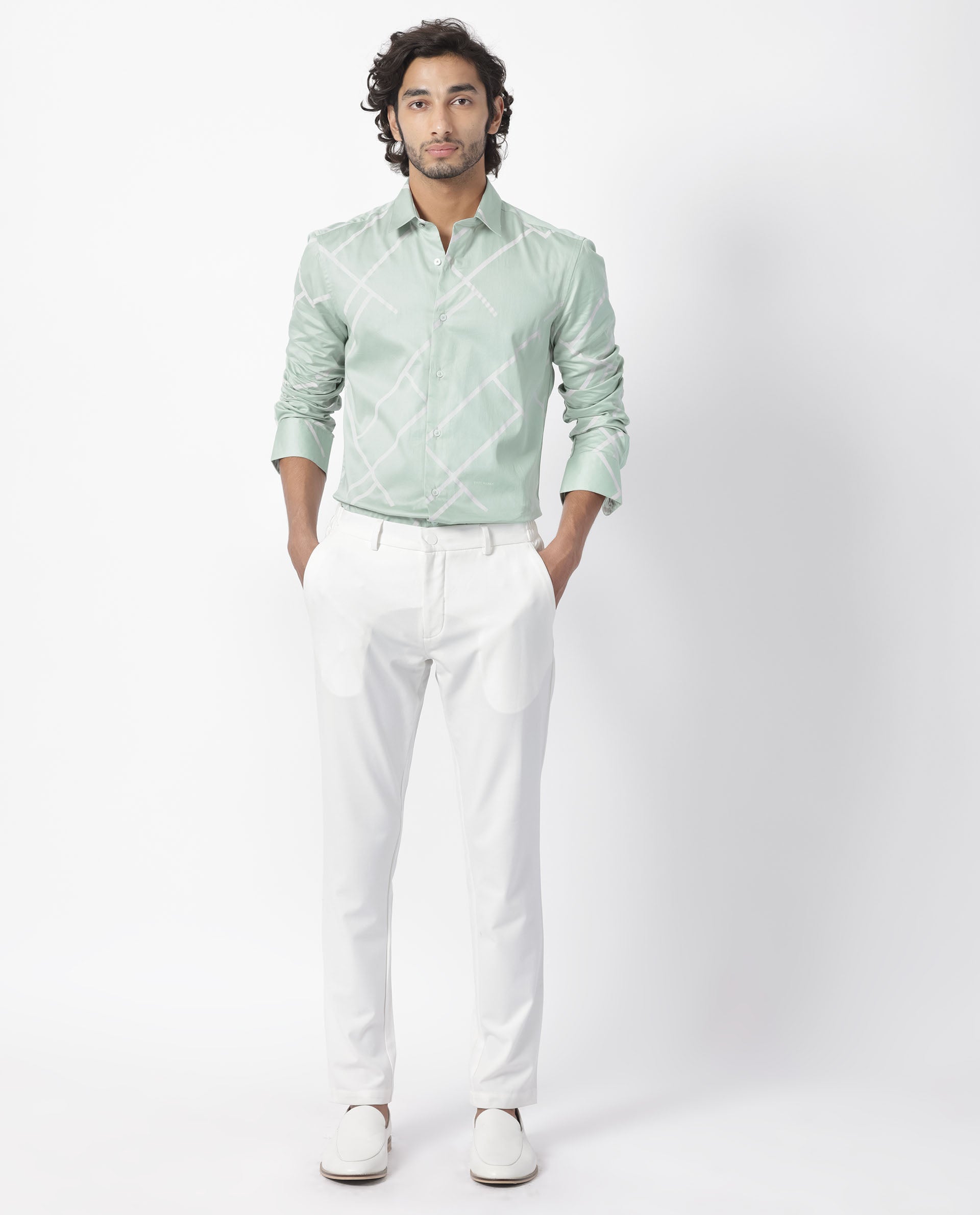 Rare Rabbit Men's Cagen Pastel Green Cotton Geometric Print Regular Fit Full Sleeve Collared Shirt