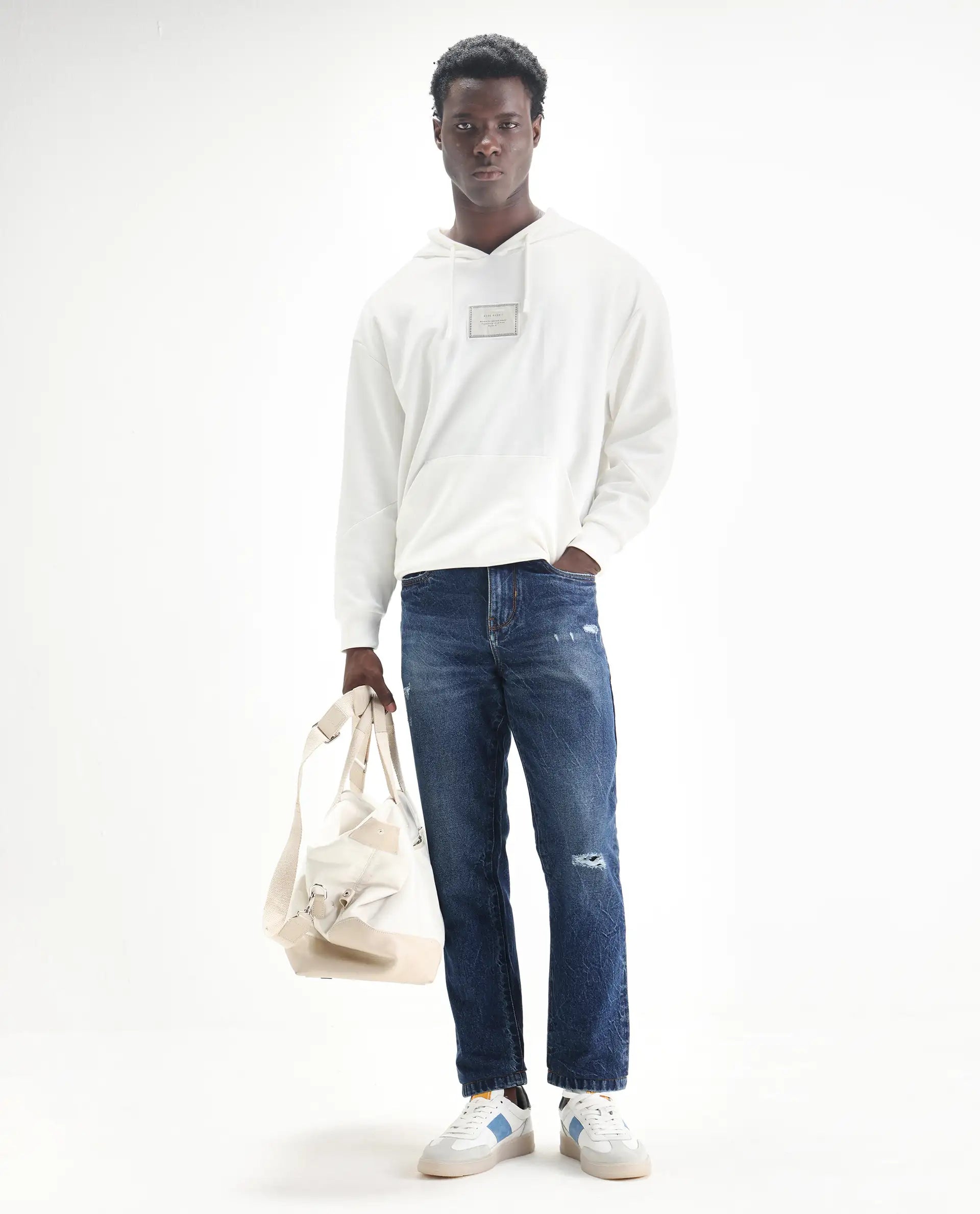 Rare Rabbit Mens Callip Blue Cotton Mid Wash Regular Fit Jeans