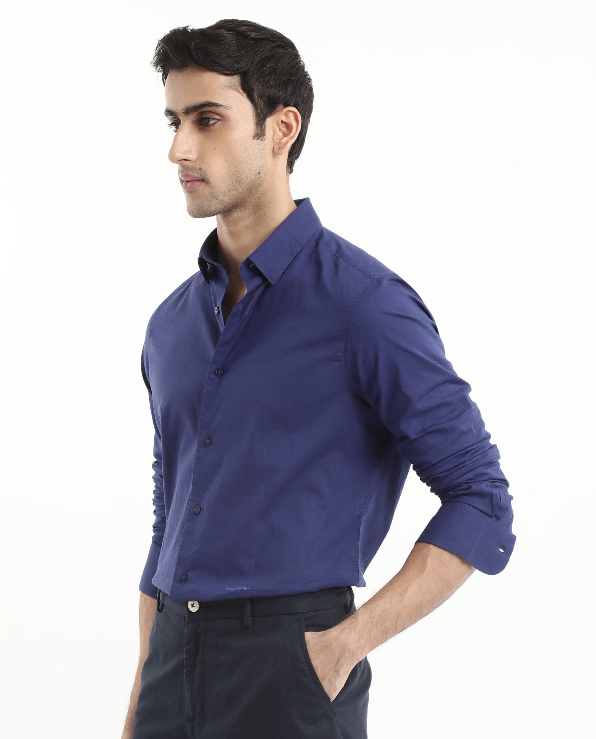 Rare Rabbit Men's Cambroc Dark Blue Cotton Plain Regular Fit Full Sleeve Collared Shirt