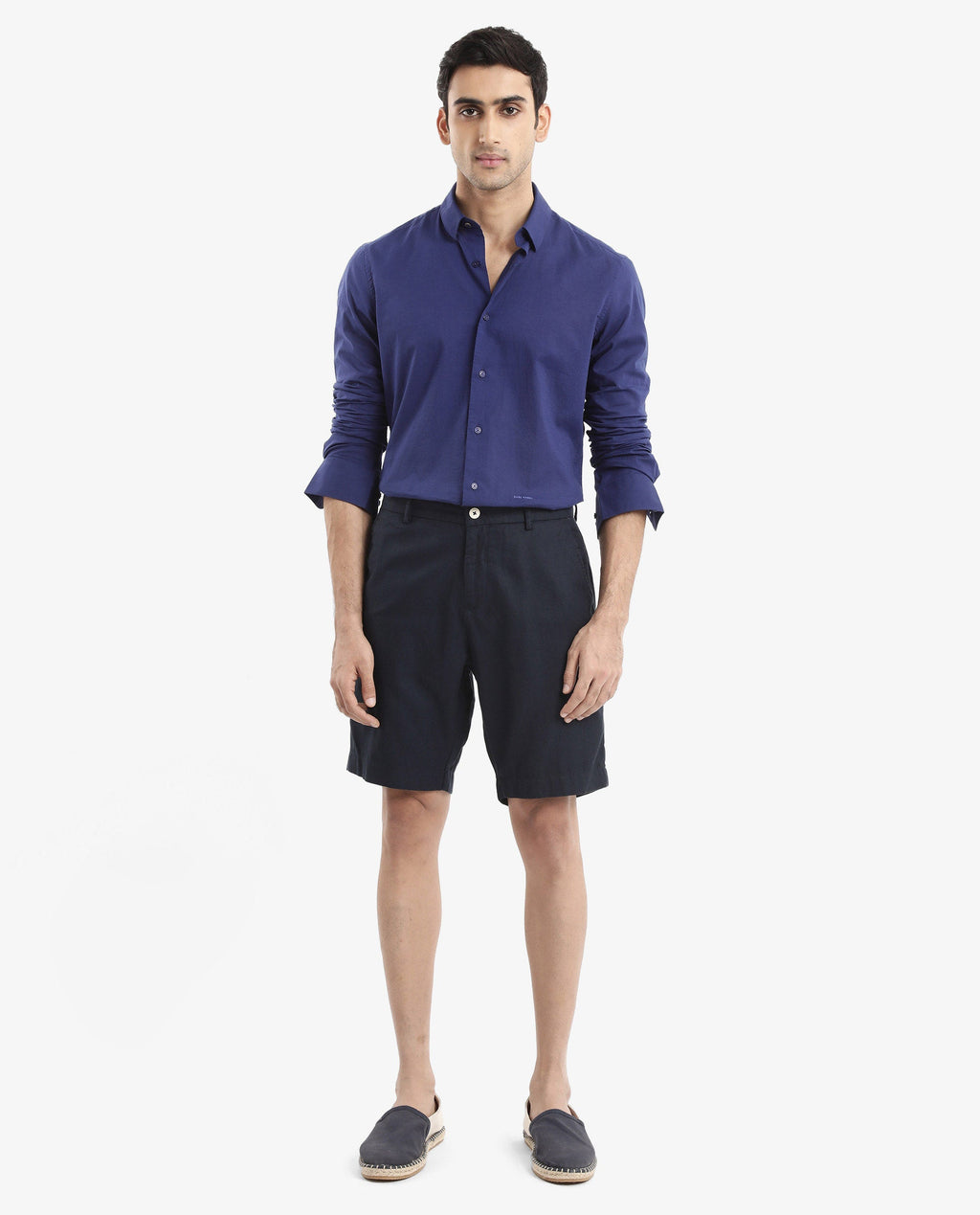 Rare Rabbit Men's Cambroc Dark Blue Cotton Plain Regular Fit Full Sleeve Collared Shirt