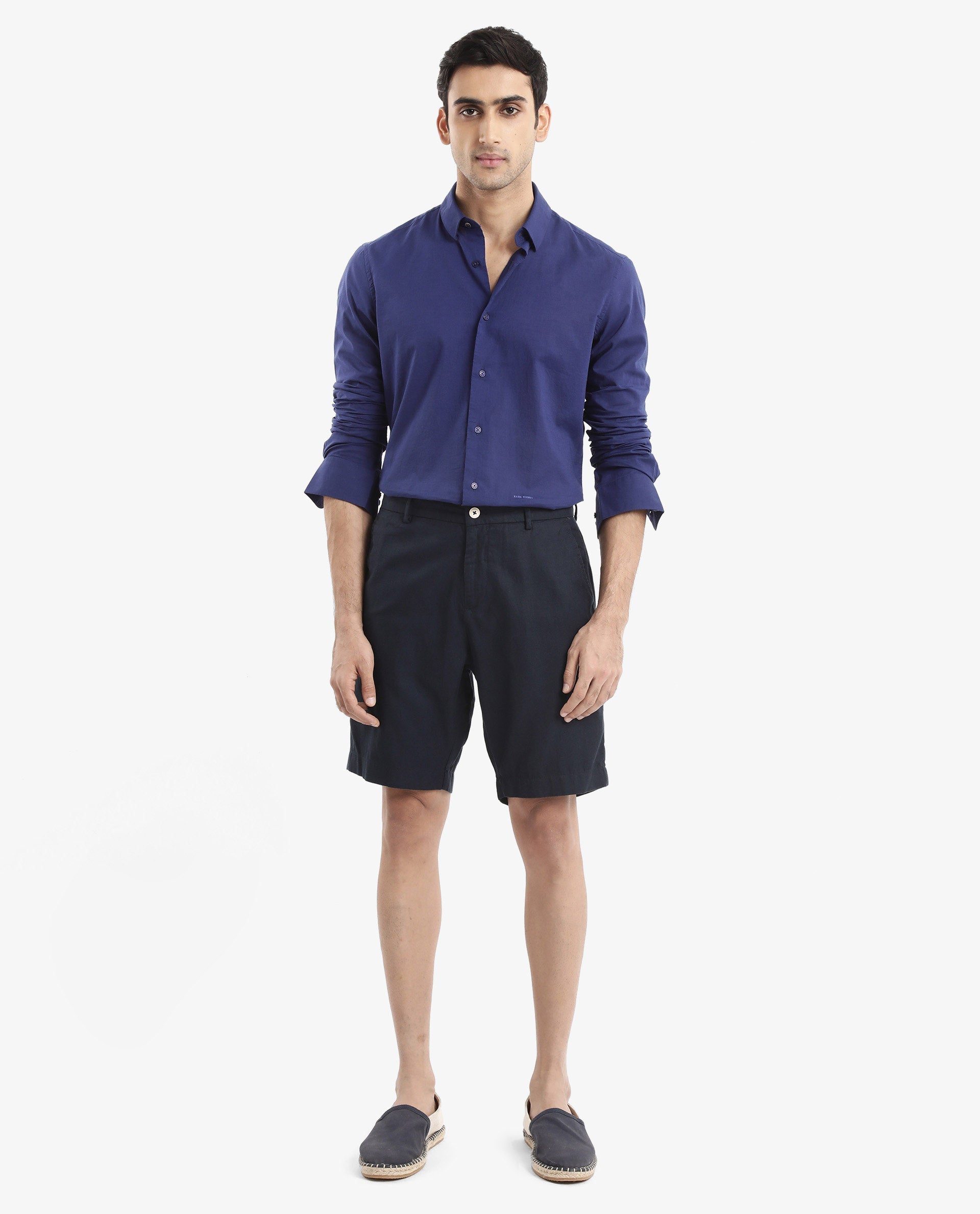 Rare Rabbit Men's Cambroc Dark Blue Cotton Plain Regular Fit Full Sleeve Collared Shirt