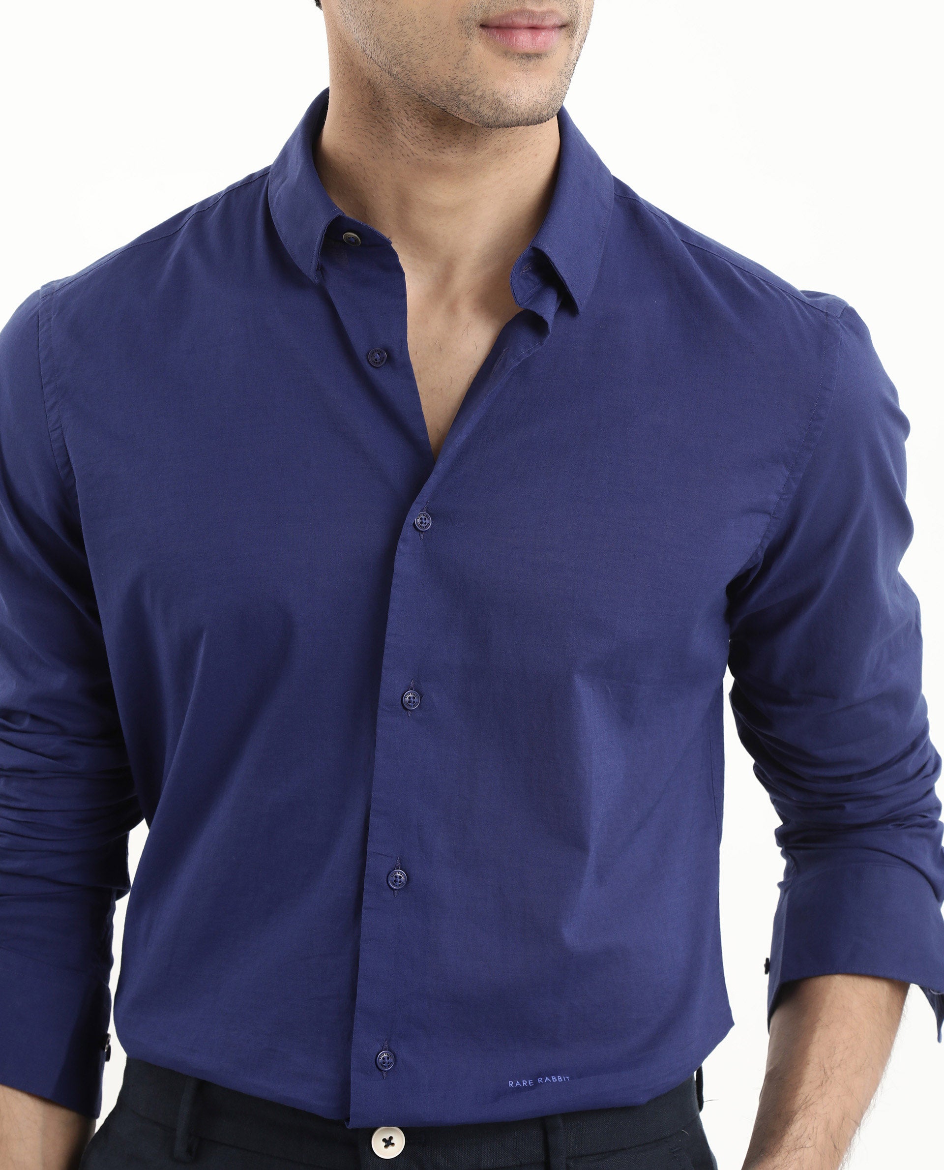 Rare Rabbit Men's Cambroc Dark Blue Cotton Plain Regular Fit Full Sleeve Collared Shirt